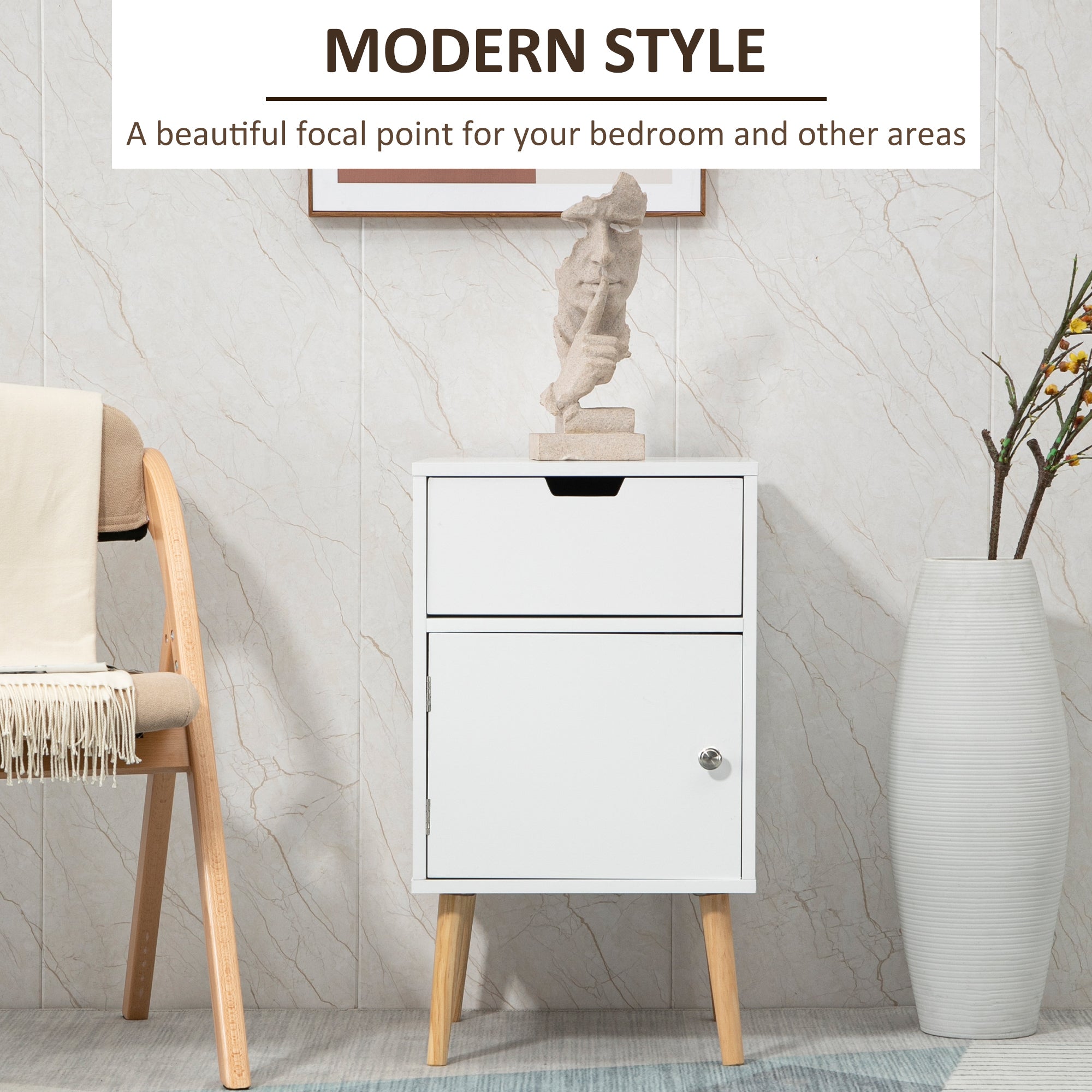 HOMCOM Modern Nightstand, Bedside Table with Drawer and Cupboard, Side End Table with Solid Wood Legs for Bedroom, White