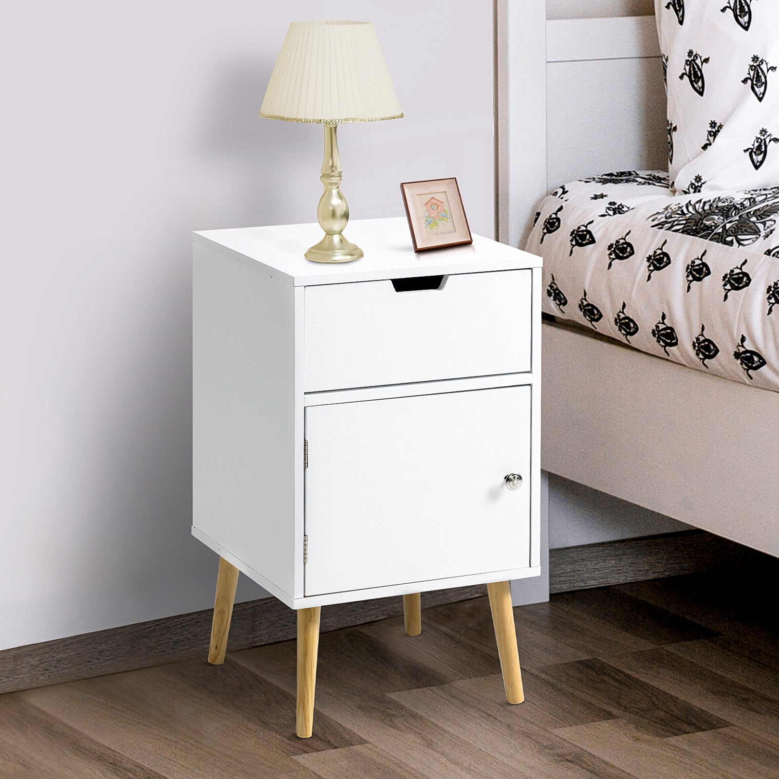 HOMCOM Modern Nightstand, Bedside Table with Drawer and Cupboard, Side End Table with Solid Wood Legs for Bedroom, White