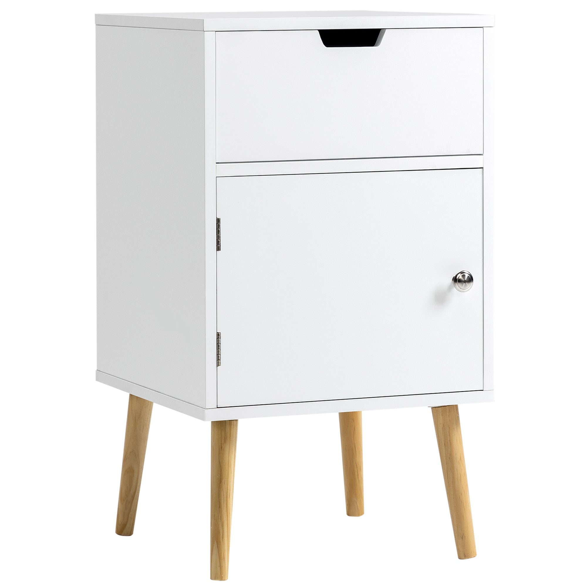 HOMCOM Modern Nightstand, Bedside Table with Drawer and Cupboard, Side End Table with Solid Wood Legs for Bedroom, White