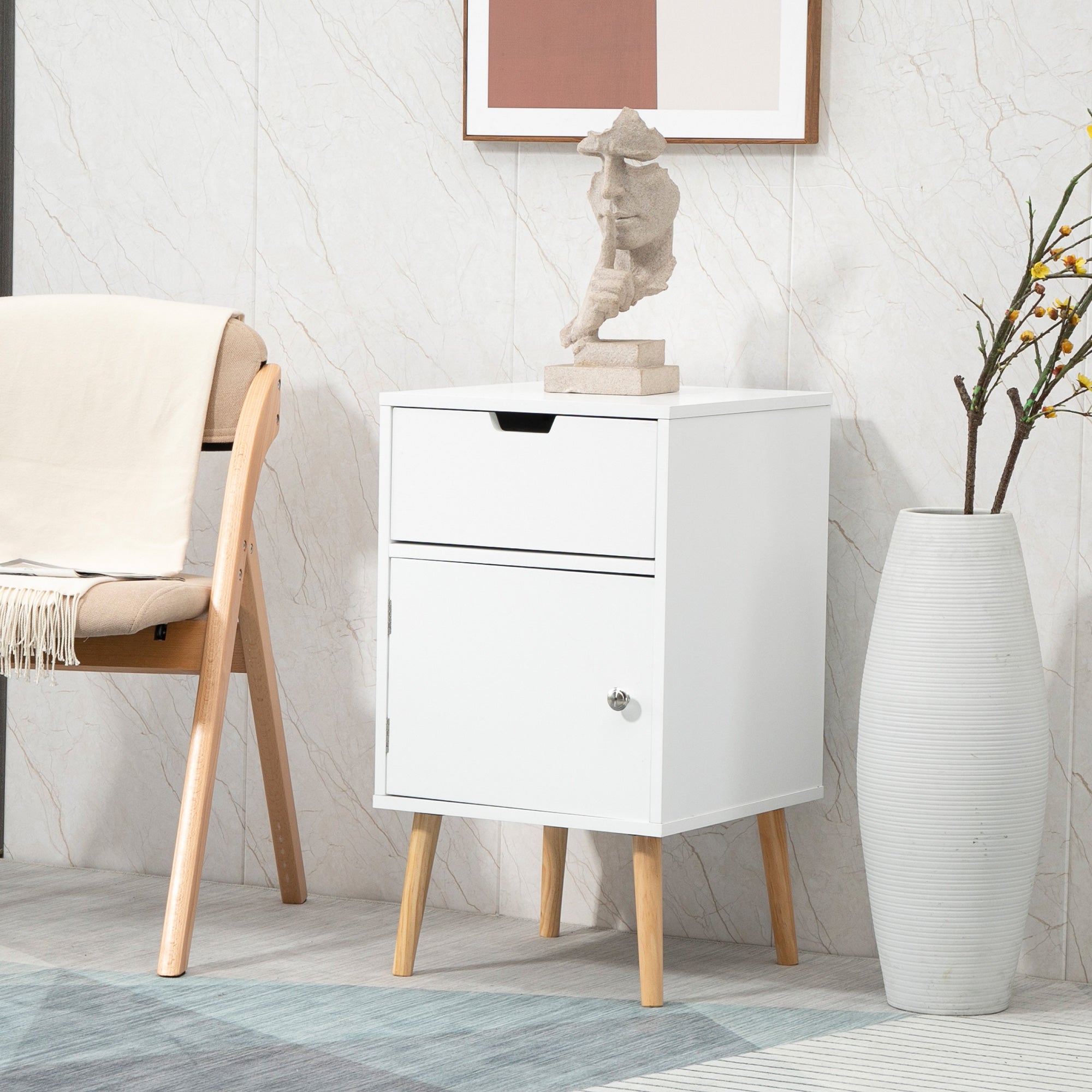 HOMCOM Modern Nightstand, Bedside Table with Drawer and Cupboard, Side End Table with Solid Wood Legs for Bedroom, White