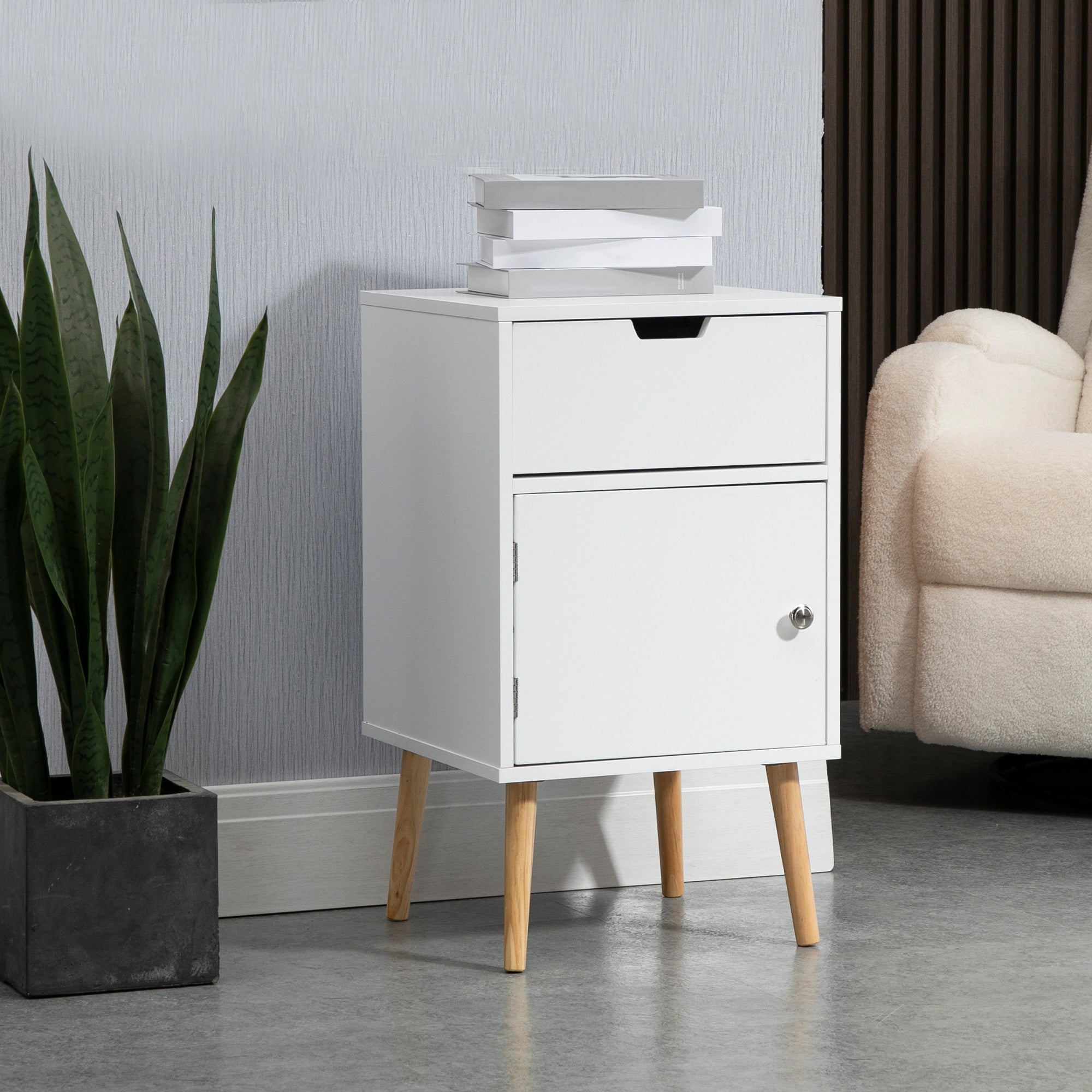 HOMCOM Modern Nightstand, Bedside Table with Drawer and Cupboard, Side End Table with Solid Wood Legs for Bedroom, White