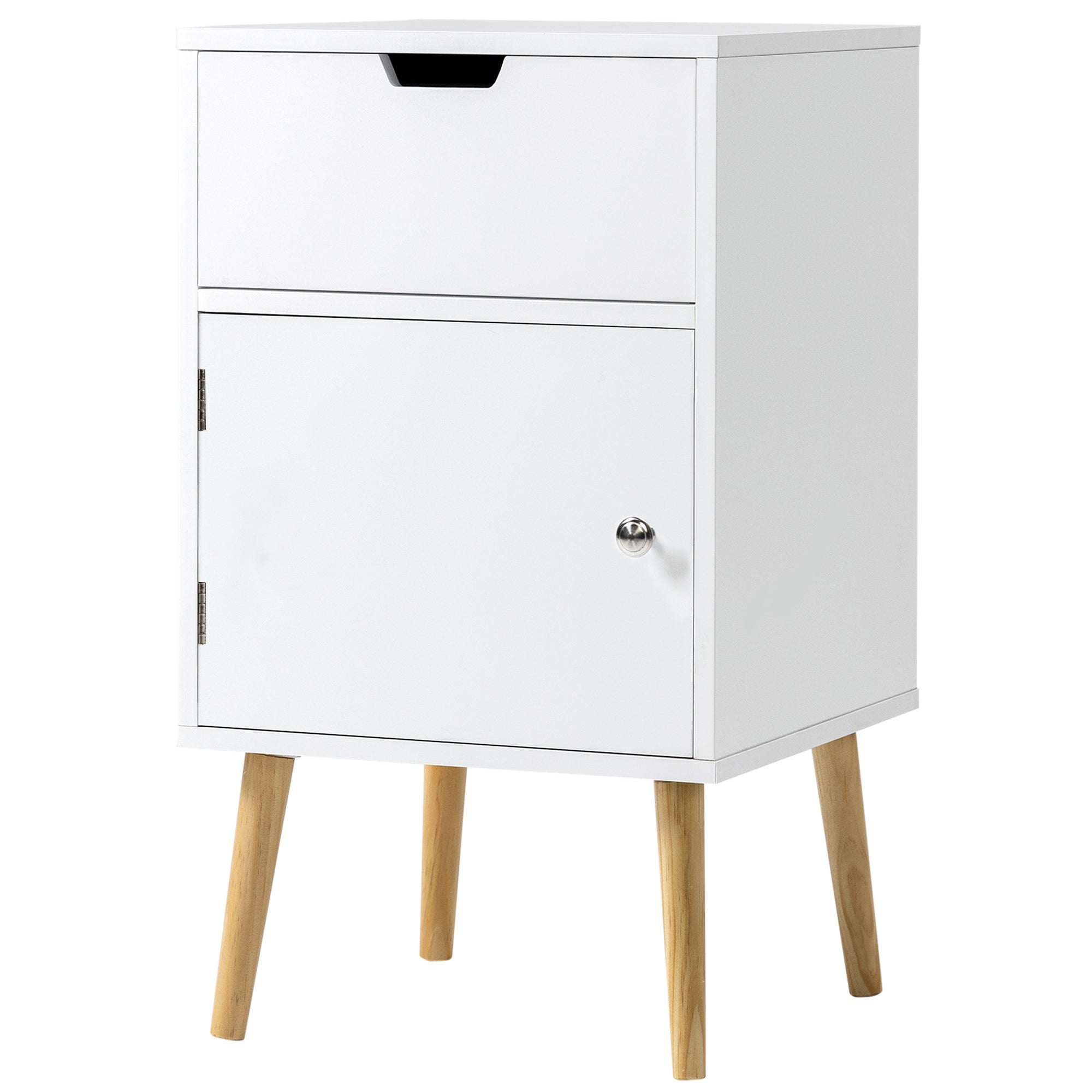 HOMCOM Modern Nightstand, Bedside Table with Drawer and Cupboard, Side End Table with Solid Wood Legs for Bedroom, White