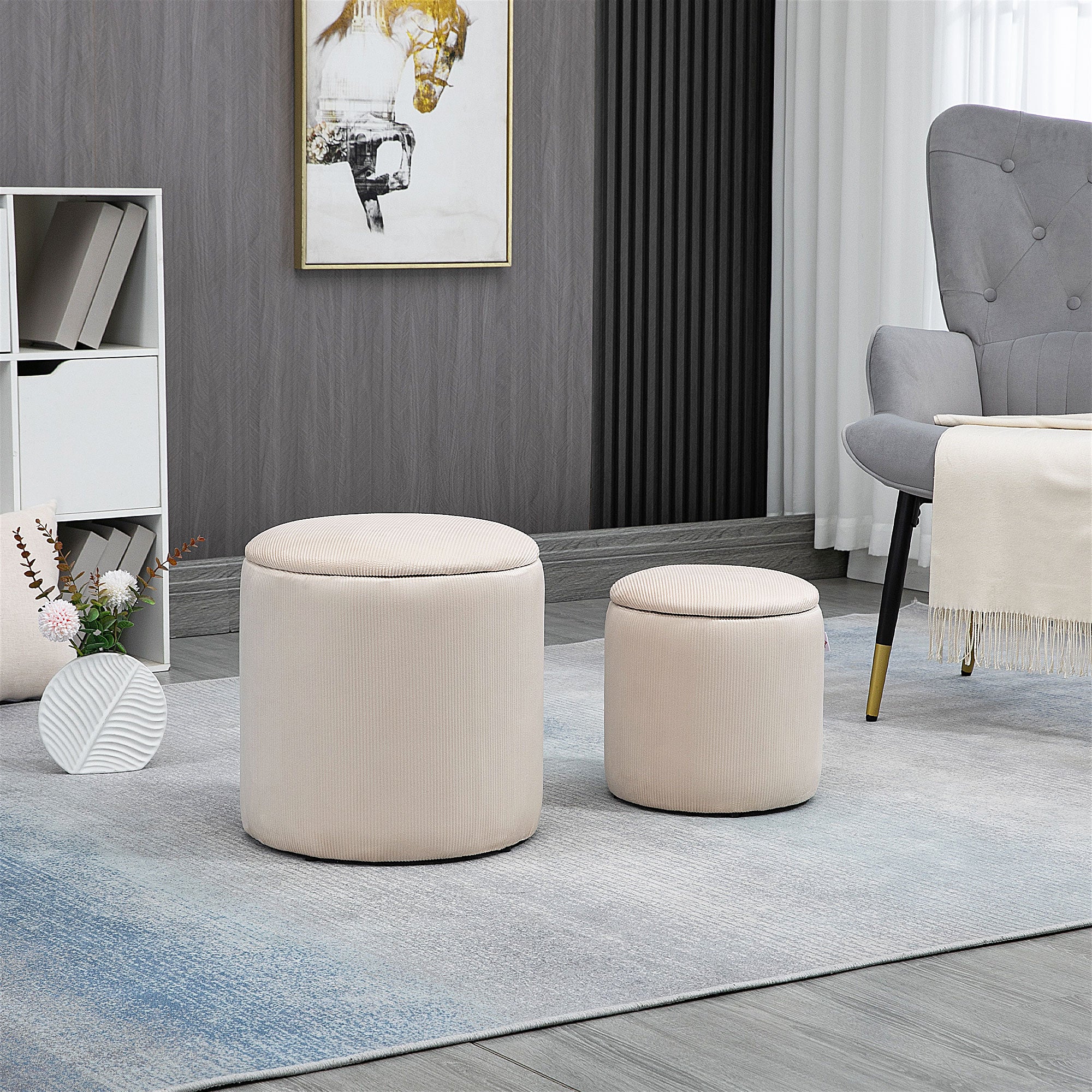 Ottoman with Storage Set of 2, Corduroy Stool with Removable Wood Lid, Hidden Space, Nesting Ottoman Stool for Living Room, Cream White