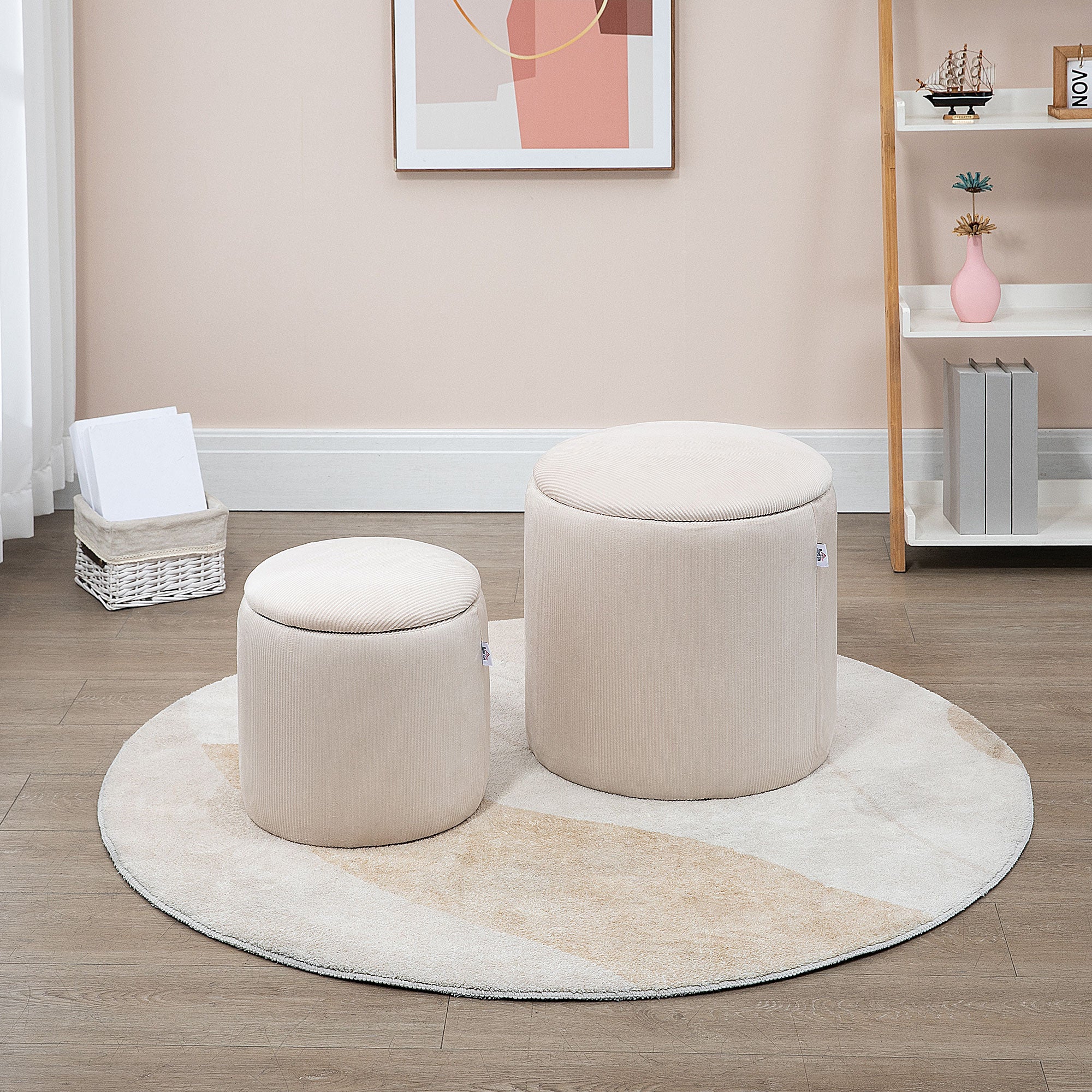 Ottoman with Storage Set of 2, Corduroy Stool with Removable Wood Lid, Hidden Space, Nesting Ottoman Stool for Living Room, Cream White