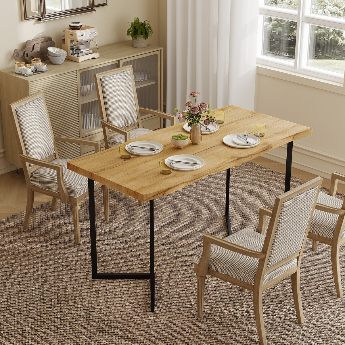 Rectangle Dining Table for 4 People, Modern Kitchen Table with Thick Tabletop and Metal Legs for Dining Room, Living Room, Kitchen, Oak Wood Grain