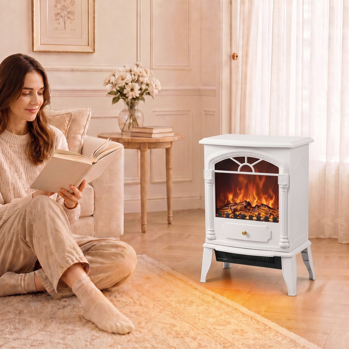 Electric Fireplace Stove Heater with 3D Flame Effect, 2000W/1000W, Freestanding Portable Fireplace with Adjustable Thermostat, 2 Heat Settings for Living Room, White