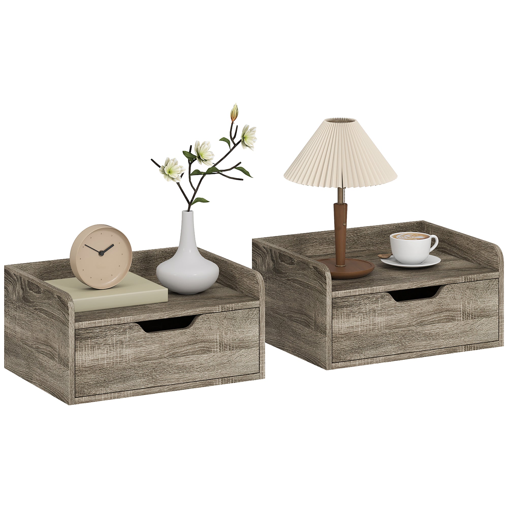 Floating Nightstands Set of 2, Wall Mounted Bedside Table with Storage Drawer for Bedroom, Grey Wood Effect