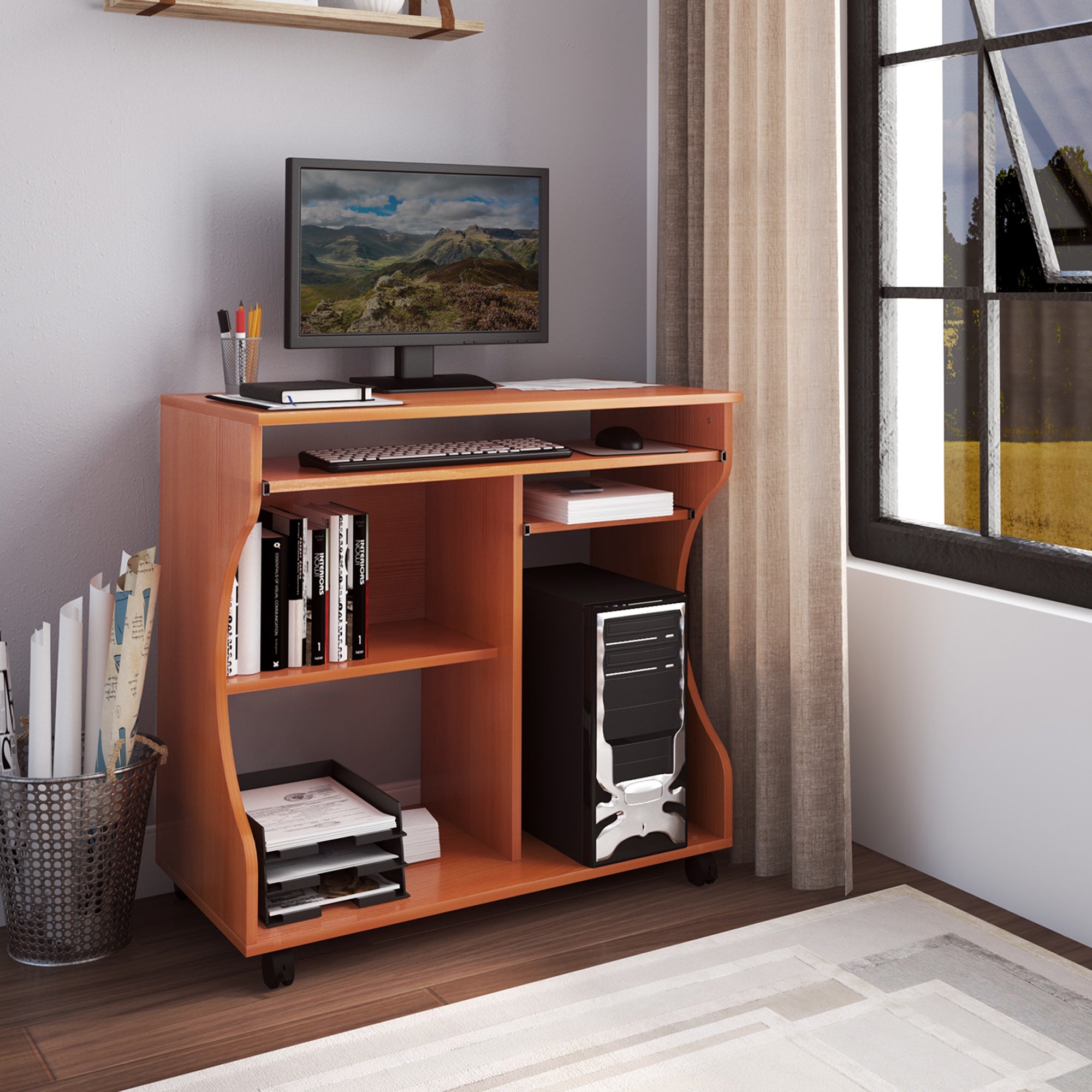 HOMCOM Computer Desk with Sliding Keyboard Tray, Mobile Home Office Desk, Study Table with Storage Shelves, PC Desk on Wheels, Cherry Wood Colour