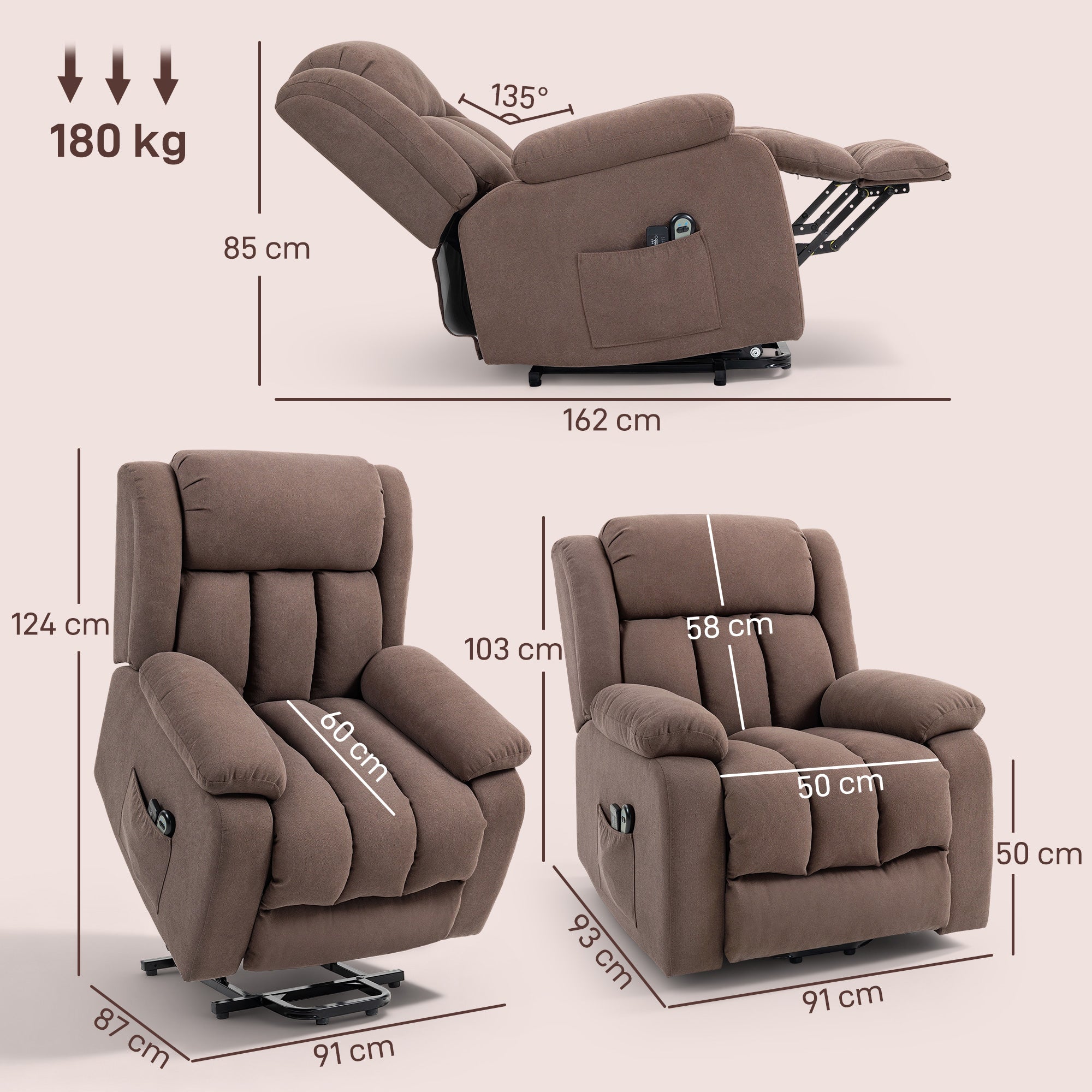 Power Lift Recliner Chair with Massage, Linen Overstuffed Lift Chair for Elderly, Electric Recliner Armchair with Footrest, Remote Control and Side Pocket, for Living Room, Dark Brown