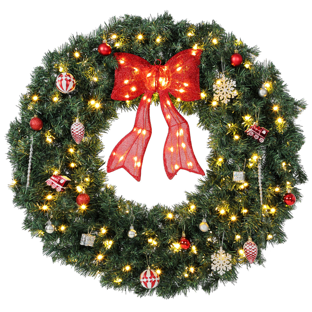36 Inch Pre-Lit Christmas Wreath for Front Door with 130 LED Lights, Lighted Bow and 21 Ornament Set, Artificial Xmas Wreath for Covered Porch, Wall Decoration, Green