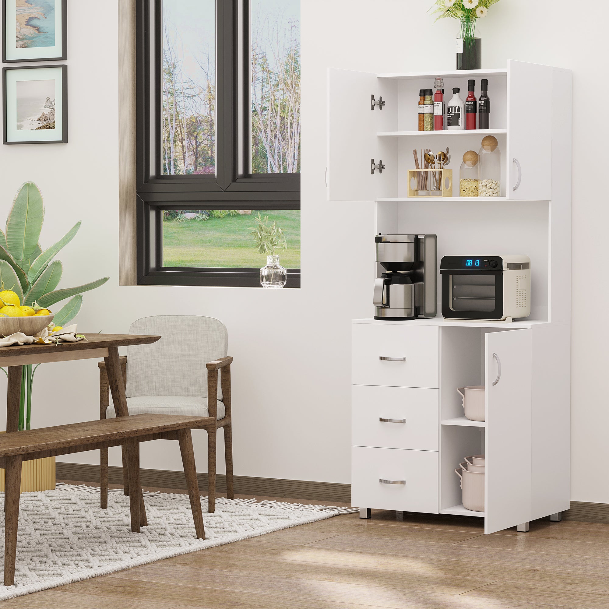 183.5cm Free standing Kitchen Cupboard, Storage Cabinet with Doors and Sheleves, 3 drawers and Open Space, Adjustable Height Storage Unit, White