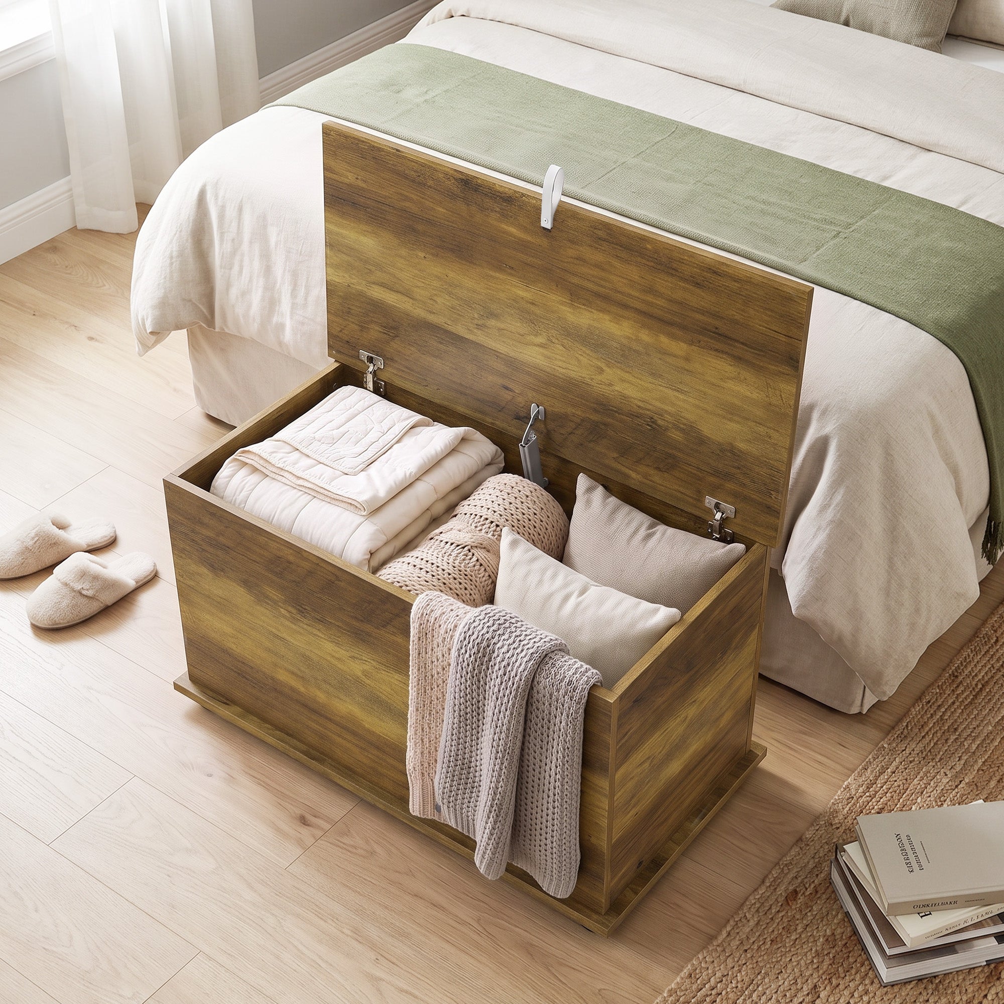 Storage Chest, Large 102L Blanket Box, Shoe Bench with Safety Hinged Lid, Storage Trunk, Bed End Bench for Bedroom, Hallway, Living room, Playroom, 80 x 40 x 45cm, Brown