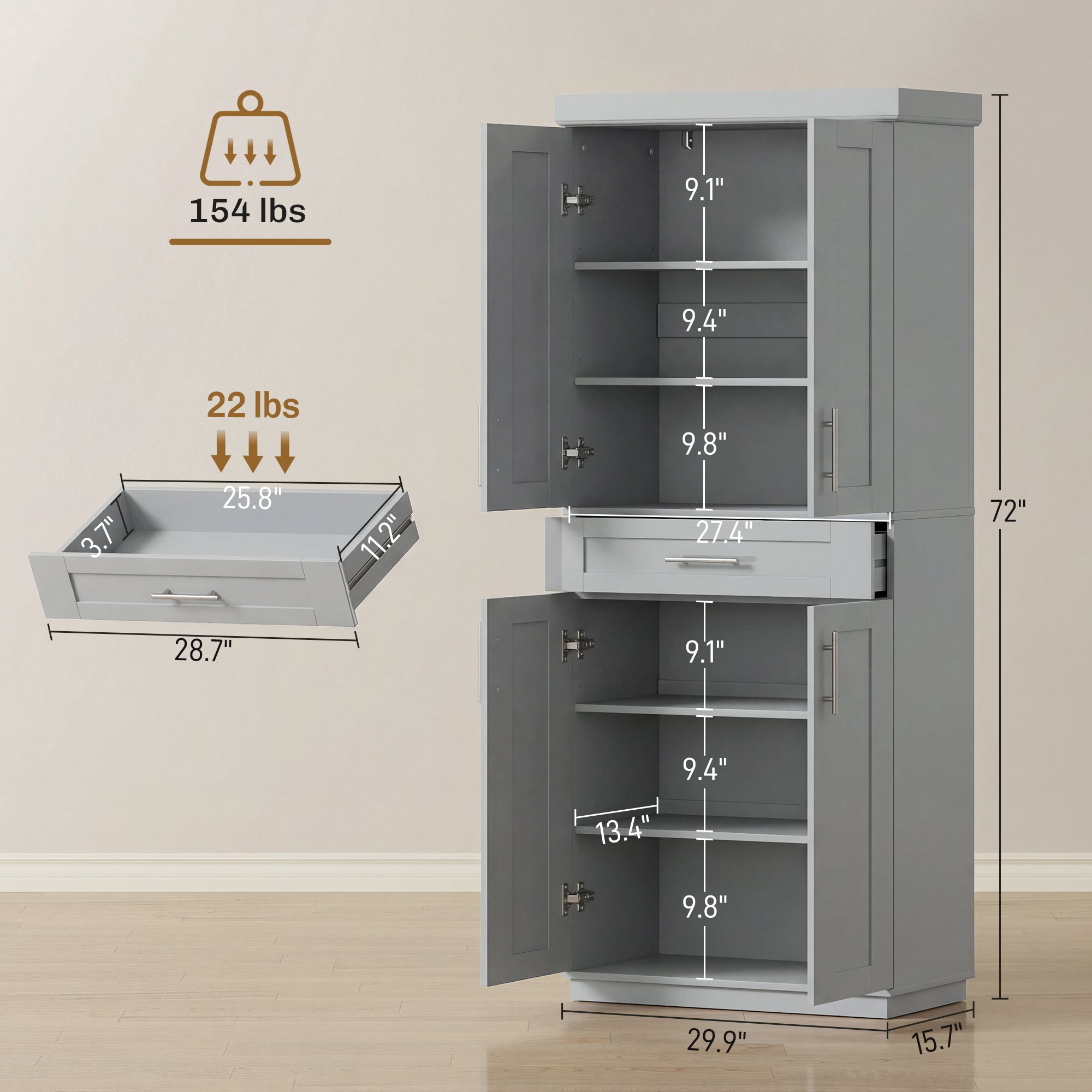 72" Kitchen Pantry Cabinet, Freestanding Tall Storage Cabinet with 4 Doors, Drawer and 3 Adjustable Shelves for Dining Room, Gray