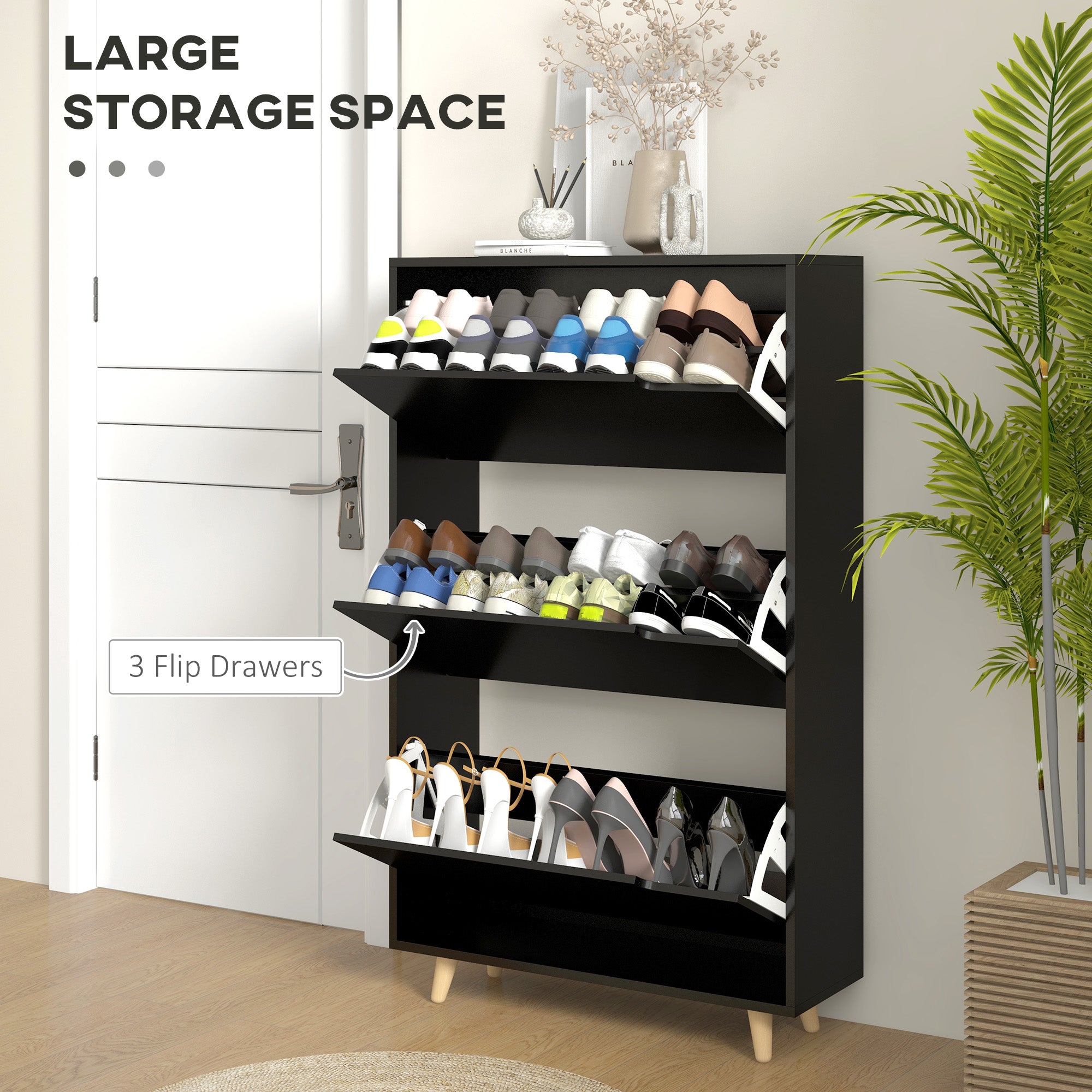 HOMCOM Narrow Shoe Cabinet, Shoe Storage Cabinet with 3 Flip Drawers and Adjustable Shelves, Entryway Shoe Rack Cabinet for 18-24 Pair of Shoes, Black