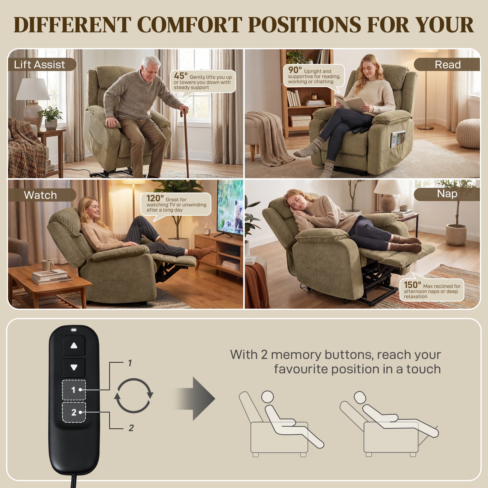 Power Lift Recliner Chair for Elderly with Massage, Electric Recliner with Side Pockets, Remote, 2 Memory Buttons, Footrest, Quiet Reclining Chair for Living Room, Brown