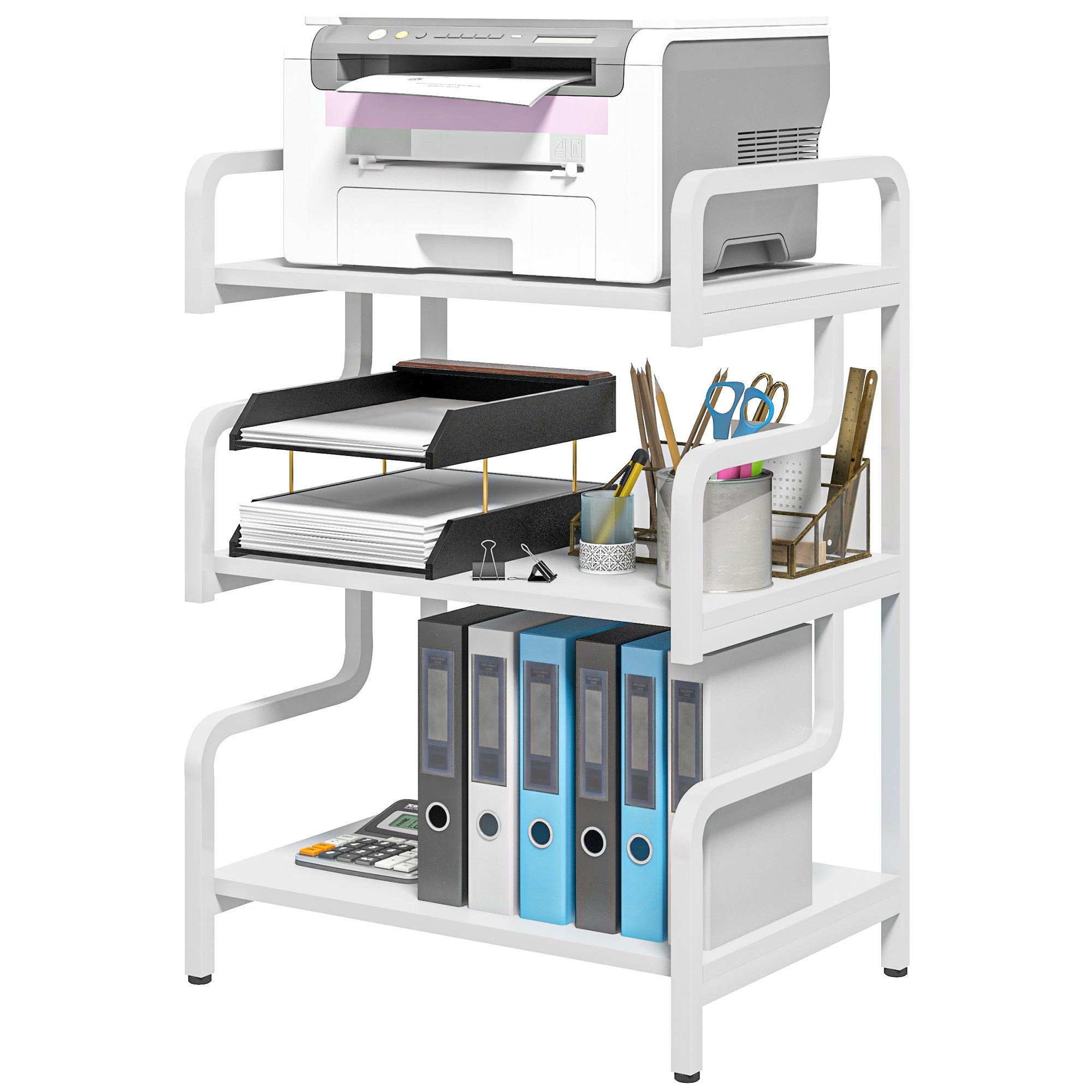 Free Standing Metal Storage Shelf, 3-Tier Small Shelving Unit, Printer Stand for Home Office, Living Room, White