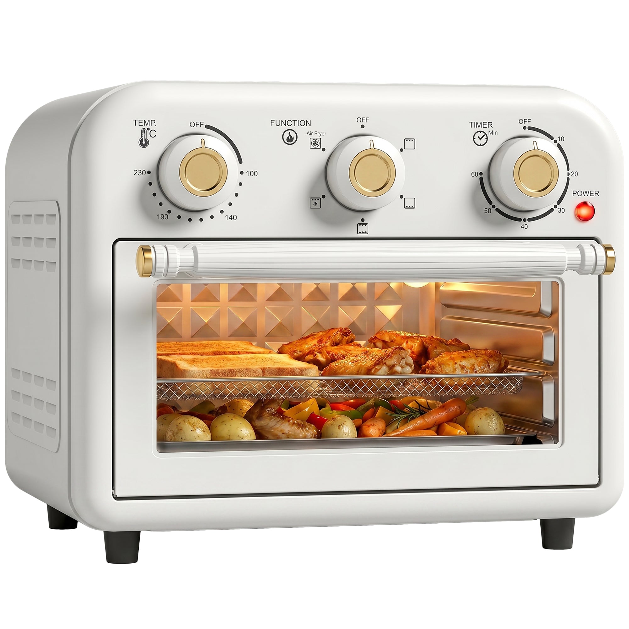 Air Fryer Oven, 12 L Small Convection Countertop Toaster Oven with Knob Controls, Baking Tray and Fry Basket, Adjustable Temperature, Timer, Dishwasher Safe, 1200W, Steel, Cream White