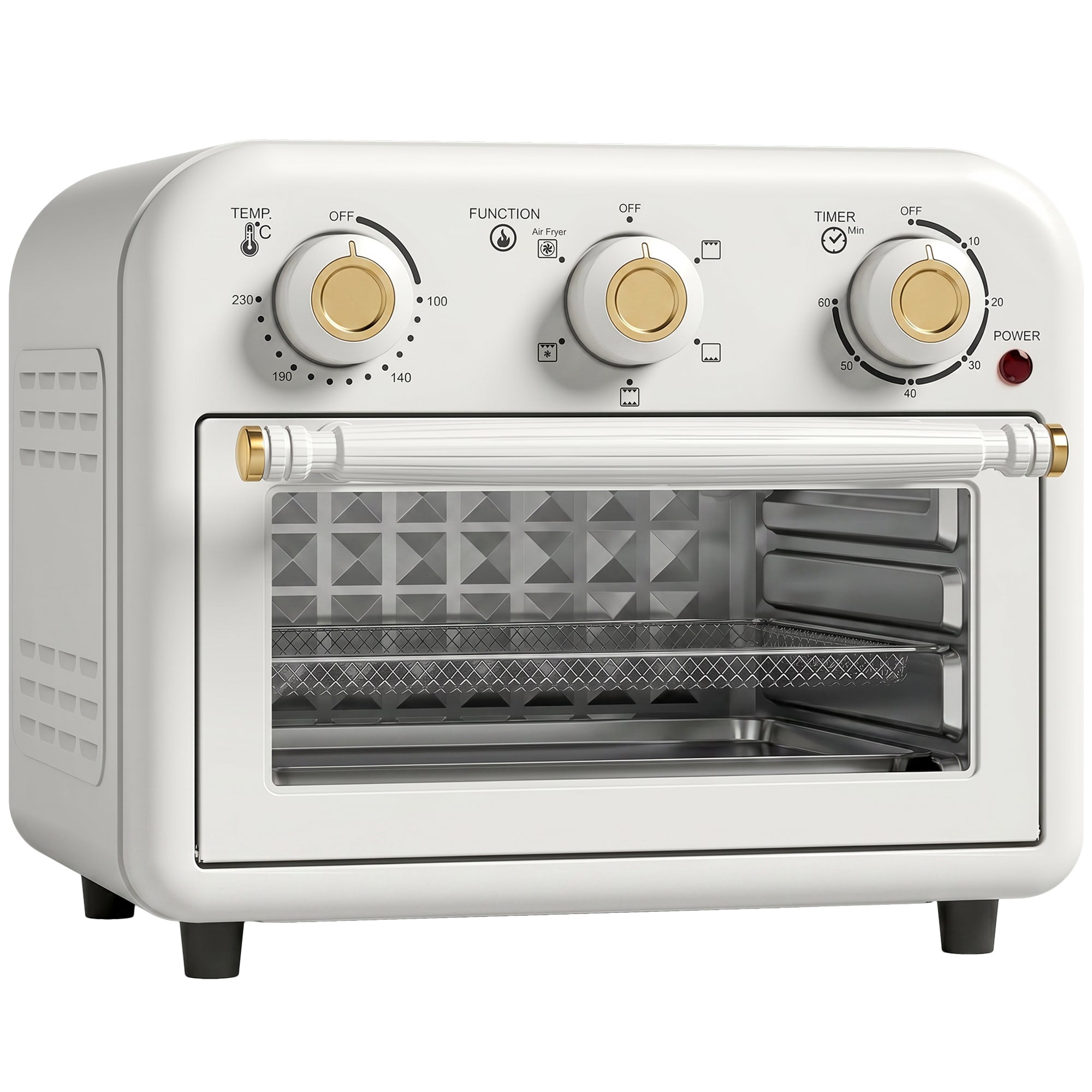 Air Fryer Oven, 12 L Small Convection Countertop Toaster Oven with Knob Controls, Baking Tray and Fry Basket, Adjustable Temperature, Timer, Dishwasher Safe, 1200W, Steel, Cream White