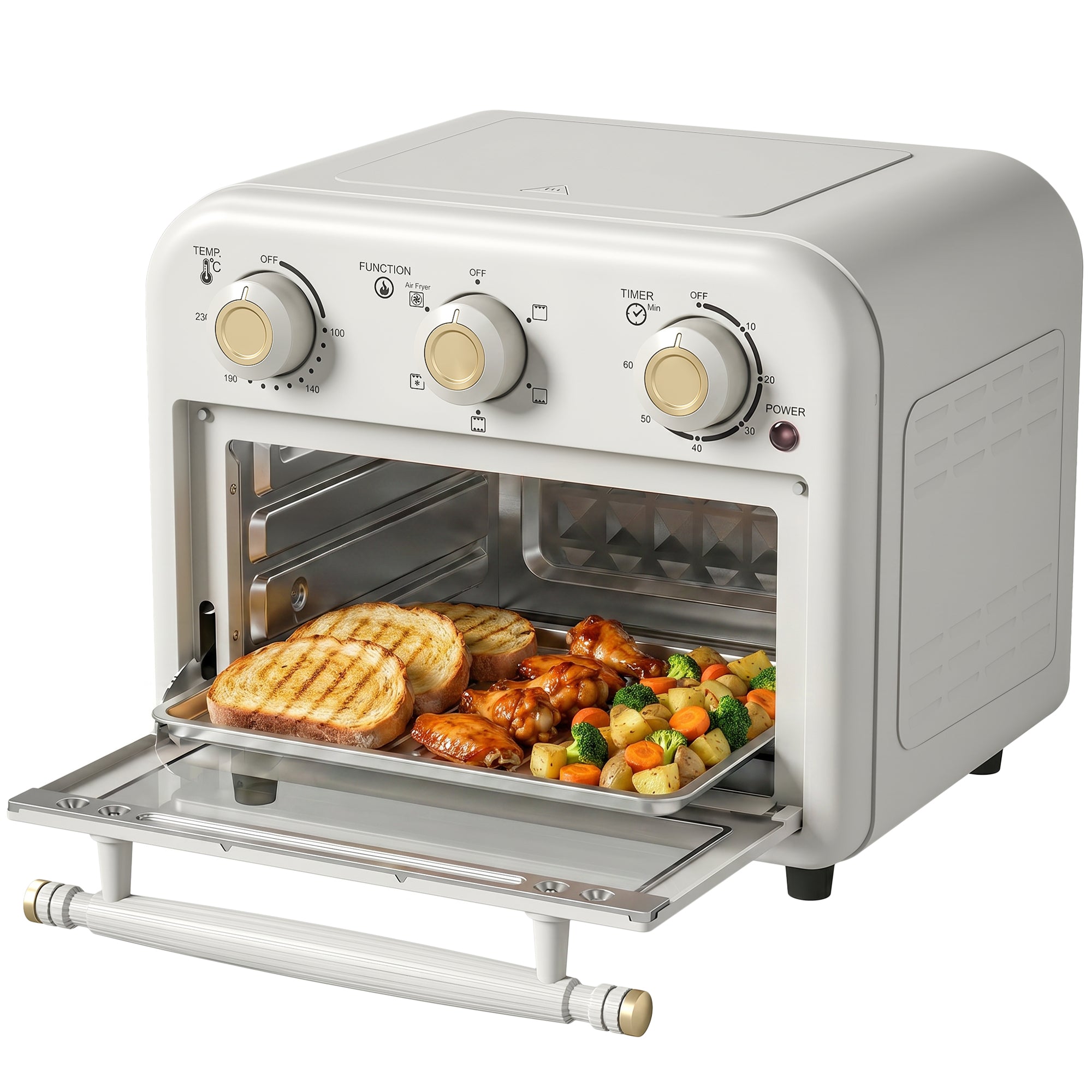 Air Fryer Oven, 12 L Small Convection Countertop Toaster Oven with Knob Controls, Baking Tray and Fry Basket, Adjustable Temperature, Timer, Dishwasher Safe, 1200W, Steel, Cream White