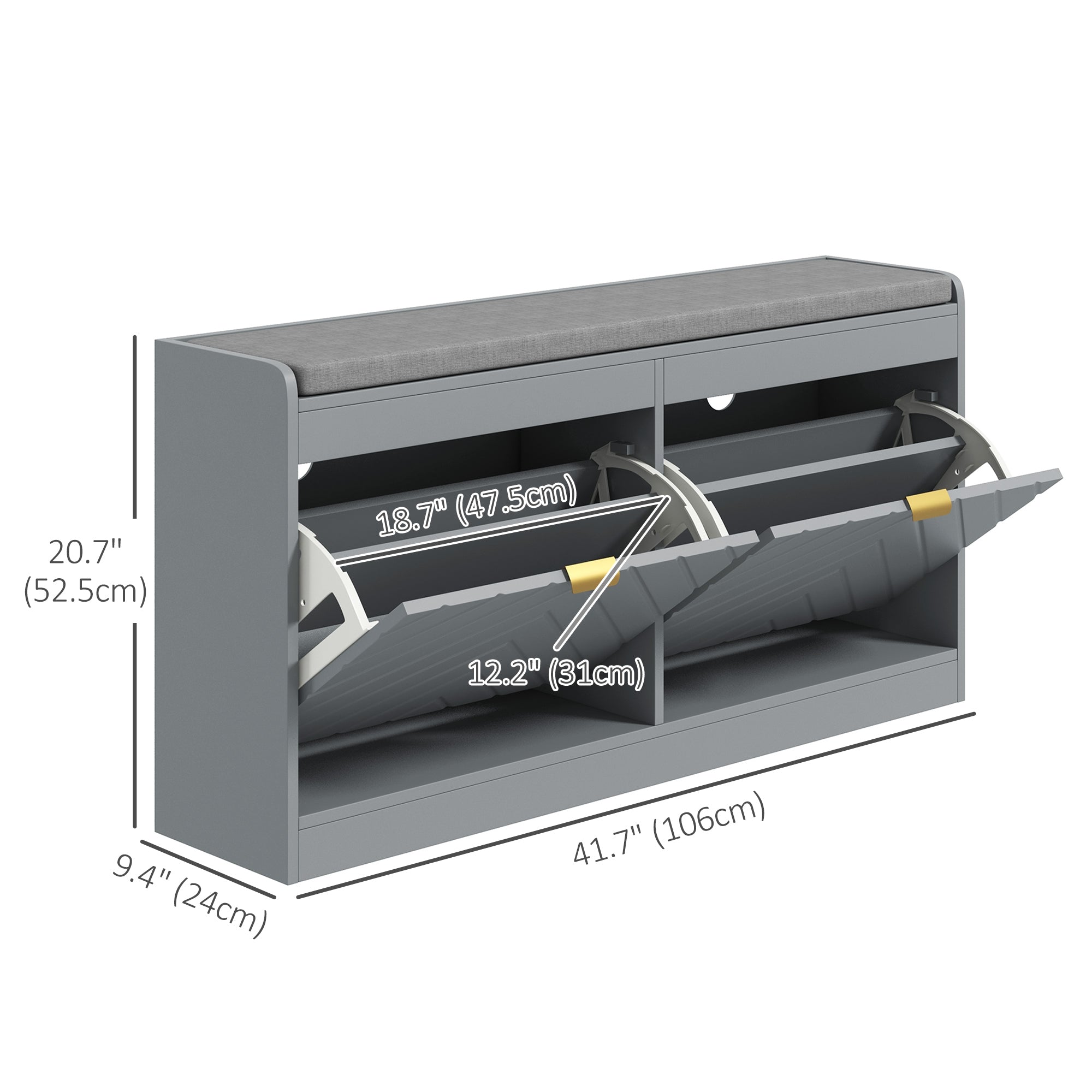 HOMCOM Shoe Bench, Entryway Bench with 2 Flip Drawers, Seating Cushion and 4 Vents for 8 Pairs of Shoes for Hallway, Grey