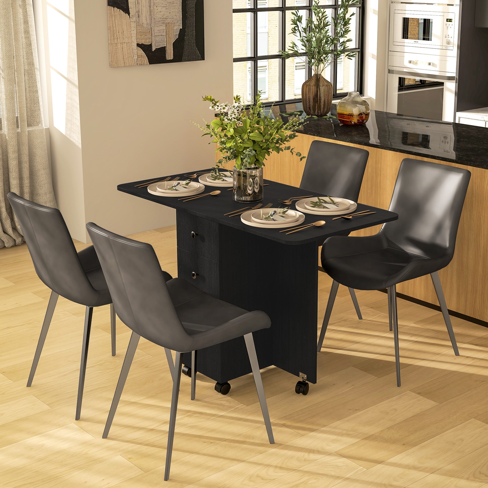 HOMCOM Foldable Dining Table, Rolling Kitchen Table With Storage Drawers and Cabinet, Drop Leaf Table on Wheels, Black