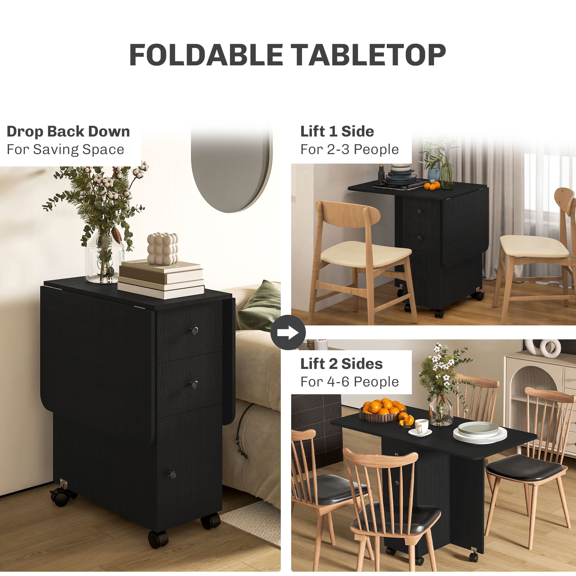 HOMCOM Foldable Dining Table, Rolling Kitchen Table With Storage Drawers and Cabinet, Drop Leaf Table on Wheels, Black