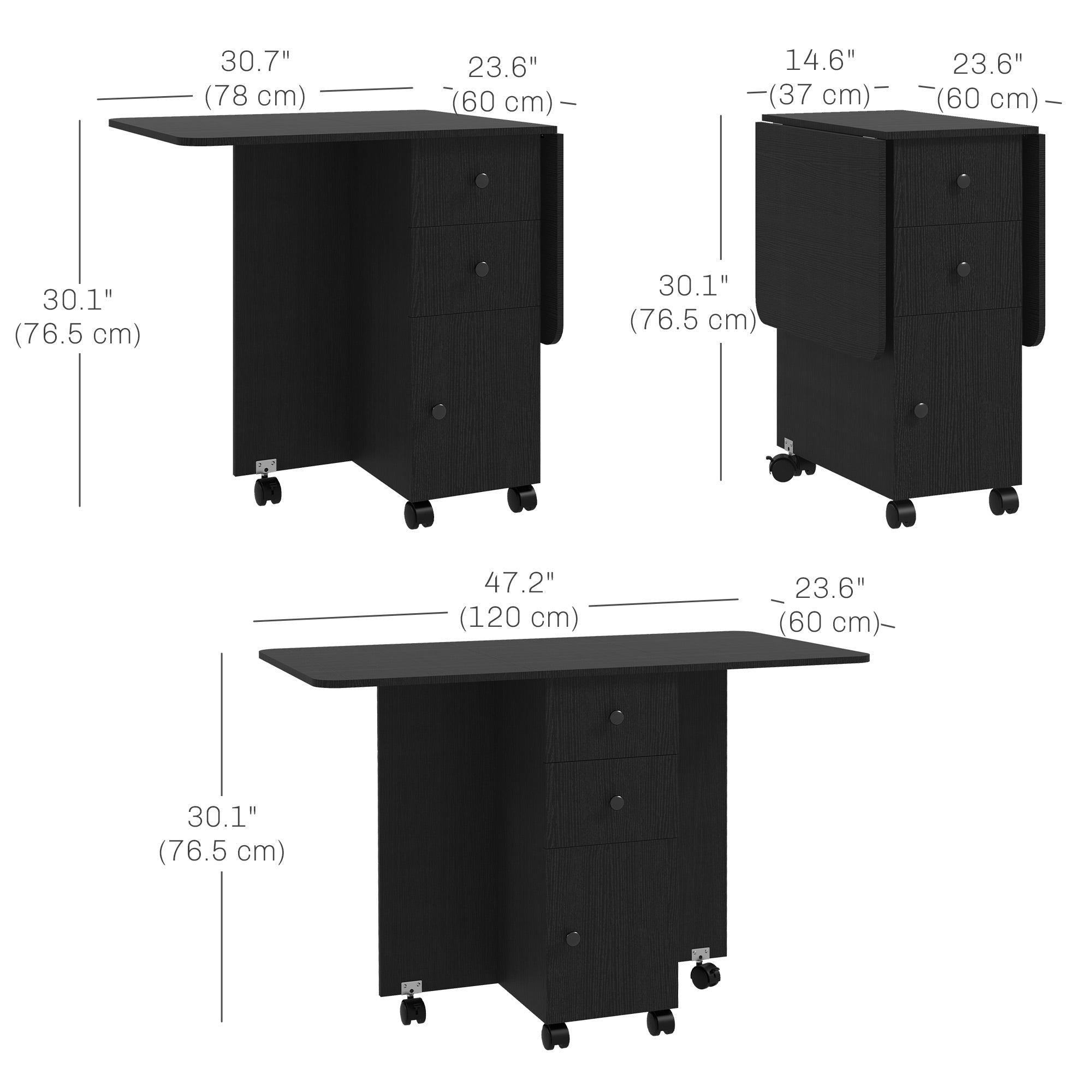 HOMCOM Foldable Dining Table, Rolling Kitchen Table With Storage Drawers and Cabinet, Drop Leaf Table on Wheels, Black