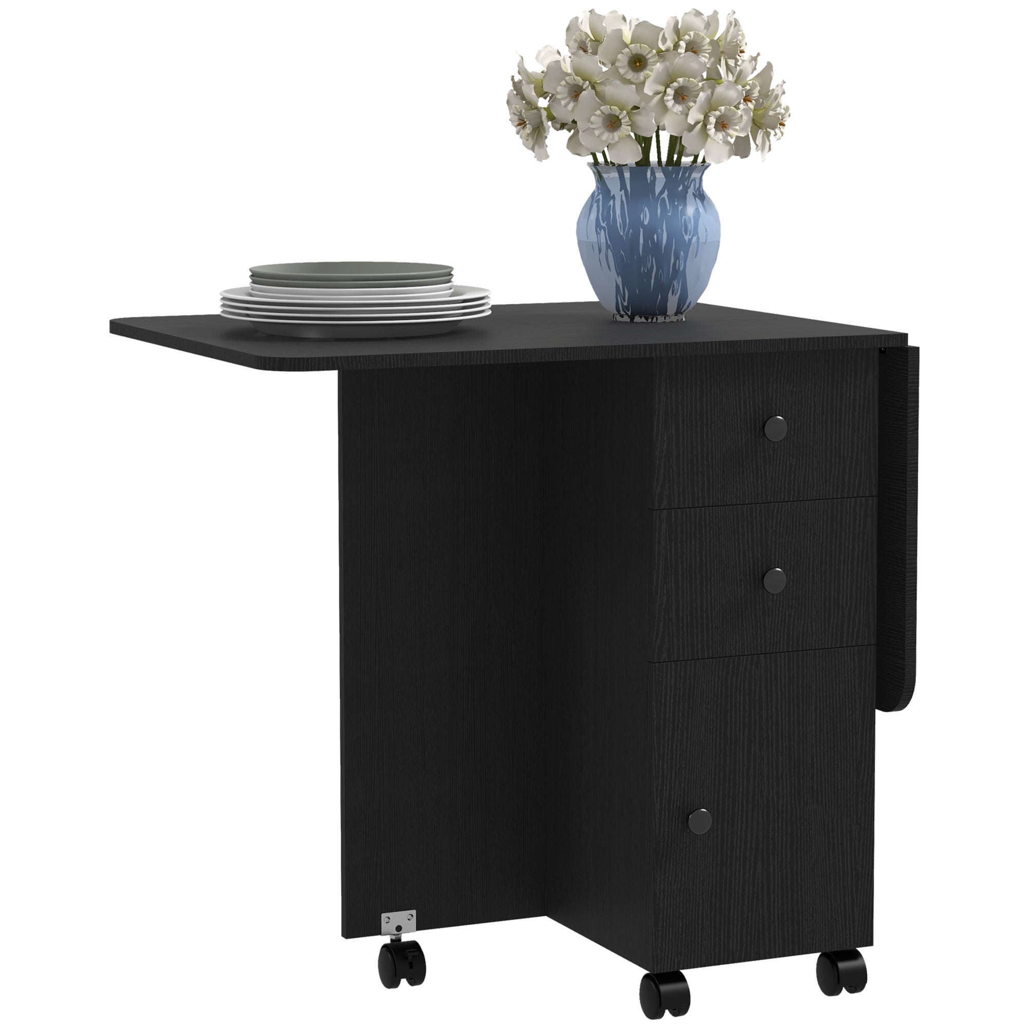 HOMCOM Foldable Dining Table, Rolling Kitchen Table With Storage Drawers and Cabinet, Drop Leaf Table on Wheels, Black