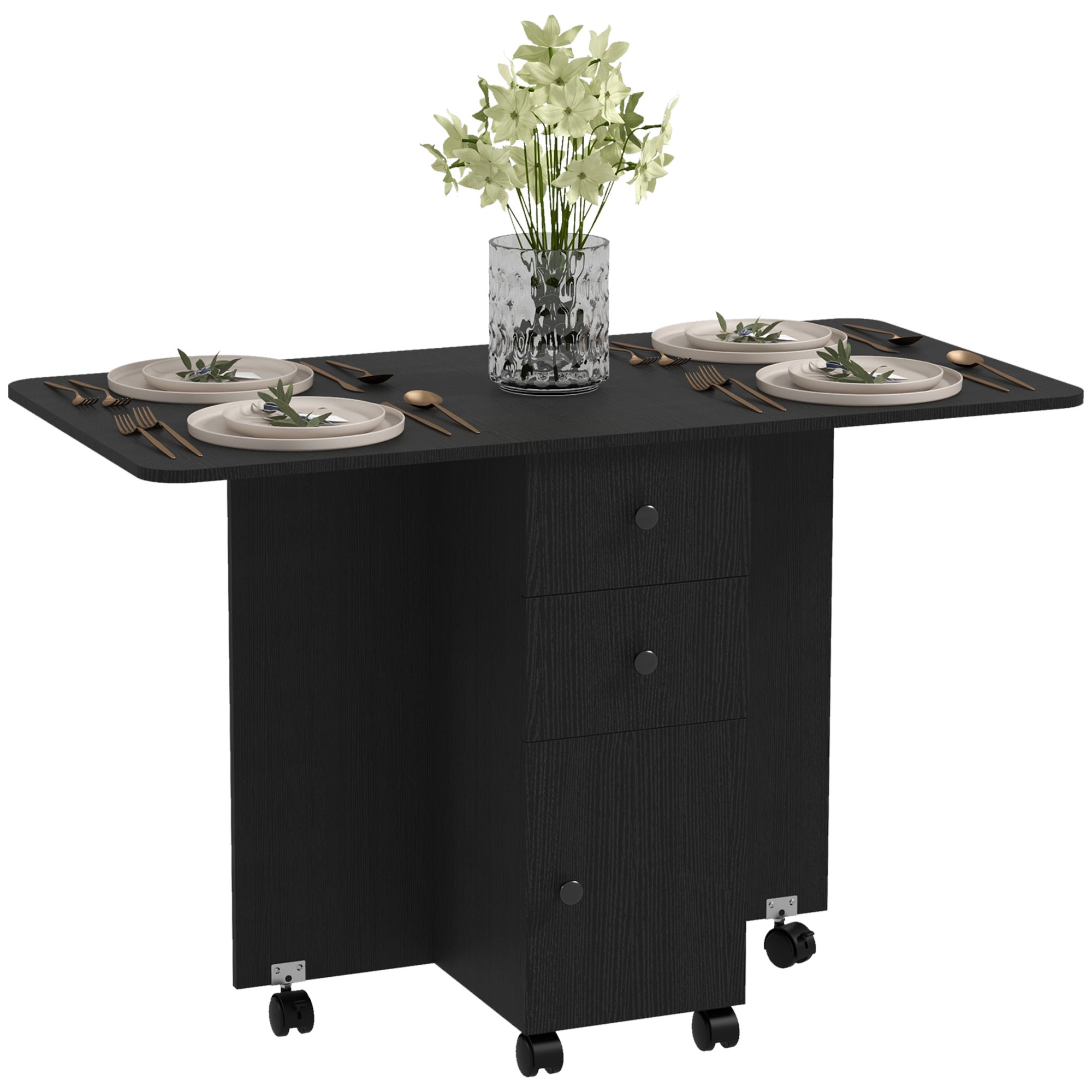 HOMCOM Foldable Dining Table, Rolling Kitchen Table With Storage Drawers and Cabinet, Drop Leaf Table on Wheels, Black