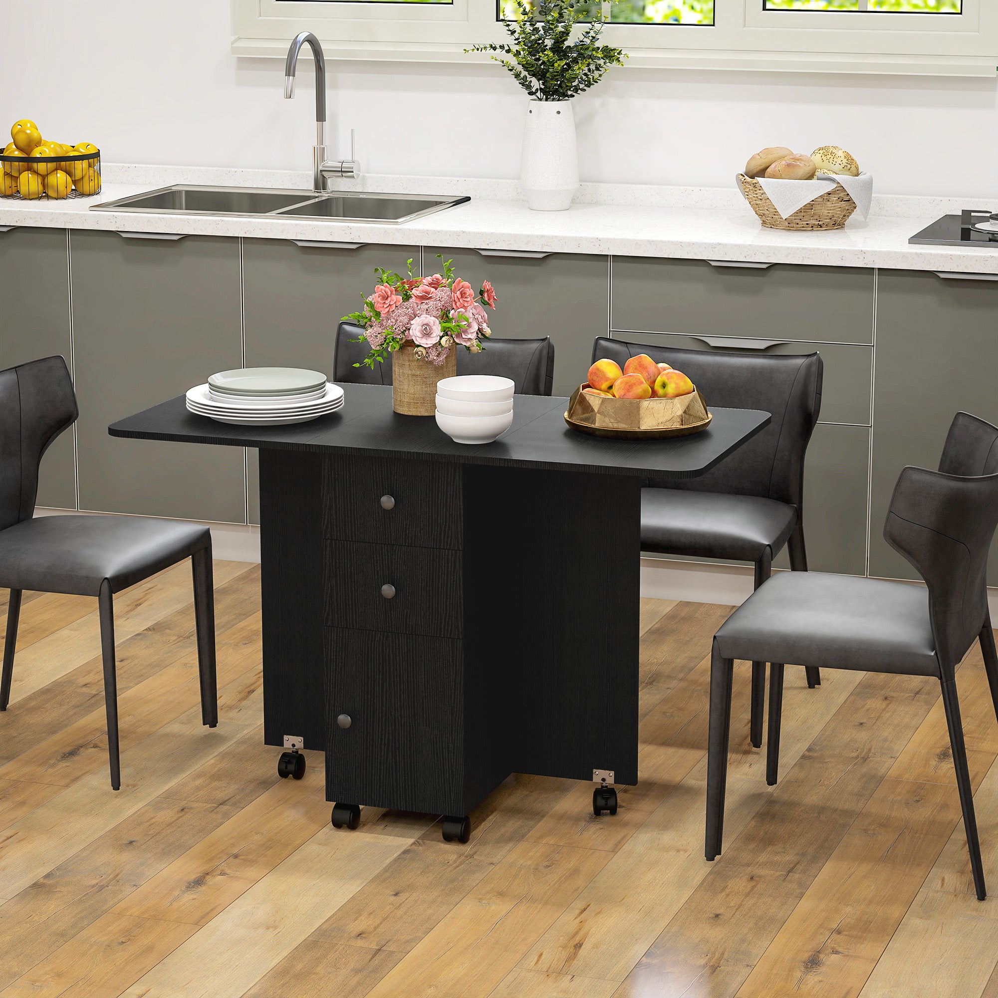 HOMCOM Foldable Dining Table, Rolling Kitchen Table With Storage Drawers and Cabinet, Drop Leaf Table on Wheels, Black