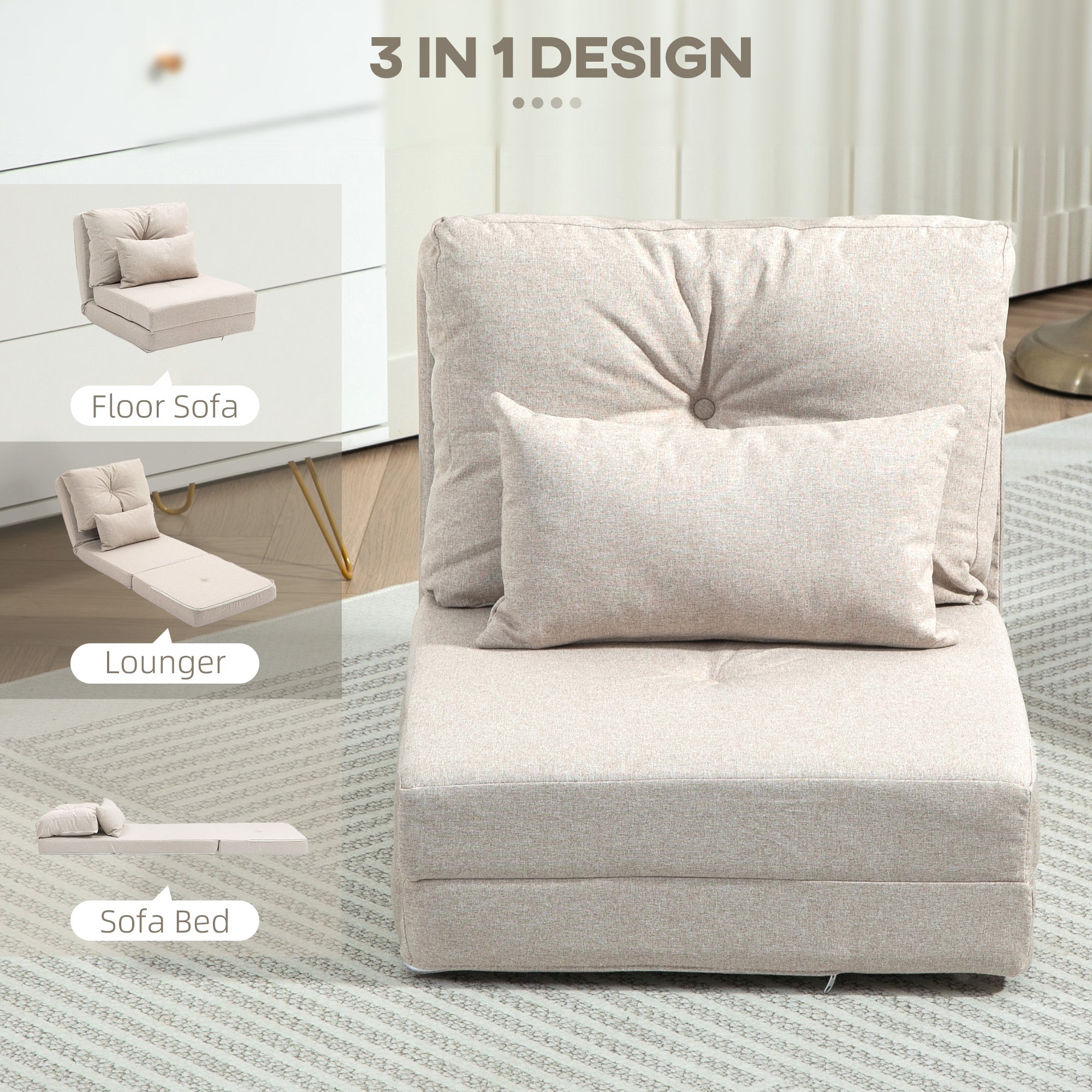 Floor Chair Convertible Floor Sofa Bed Folding Upholstered Couch Bed with Adjustable Backrest Beige