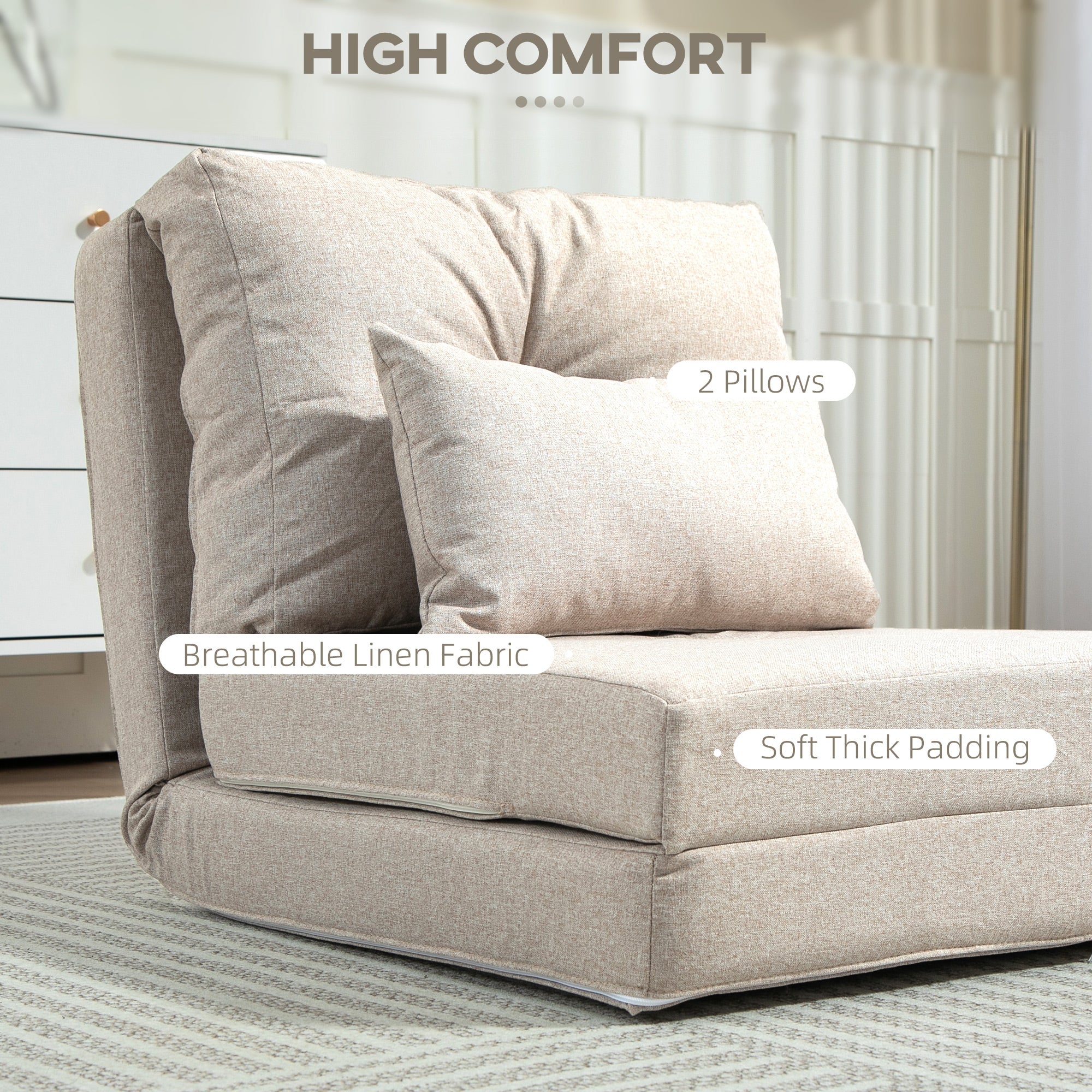 Floor Chair Convertible Floor Sofa Bed Folding Upholstered Couch Bed with Adjustable Backrest Beige