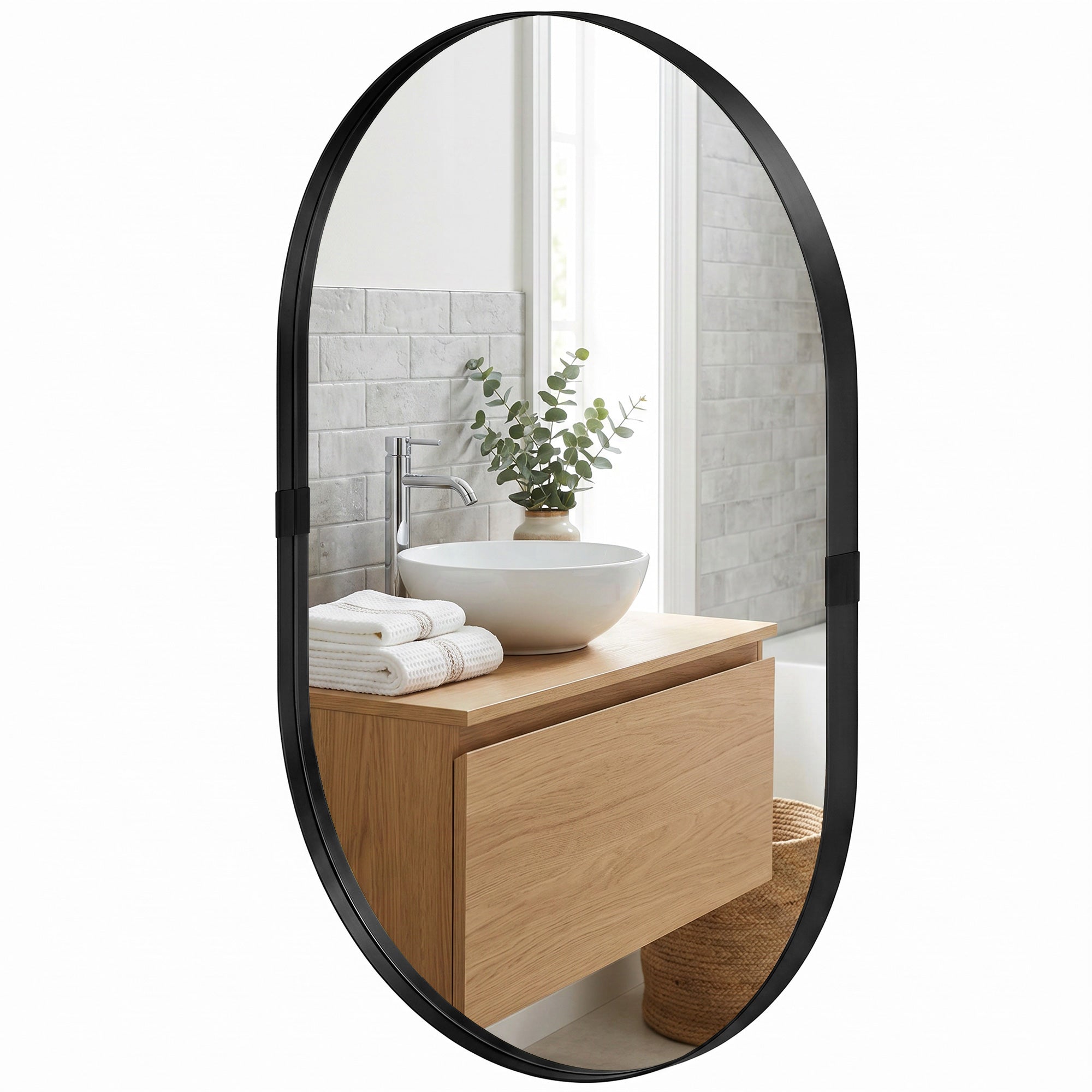 Wall Mirror with Elevated Aluminium Alloy Frame, 60 x 90 cm Bathroom Mirror with Tempered Glass for Living Room, Bedroom, Hallway, Black