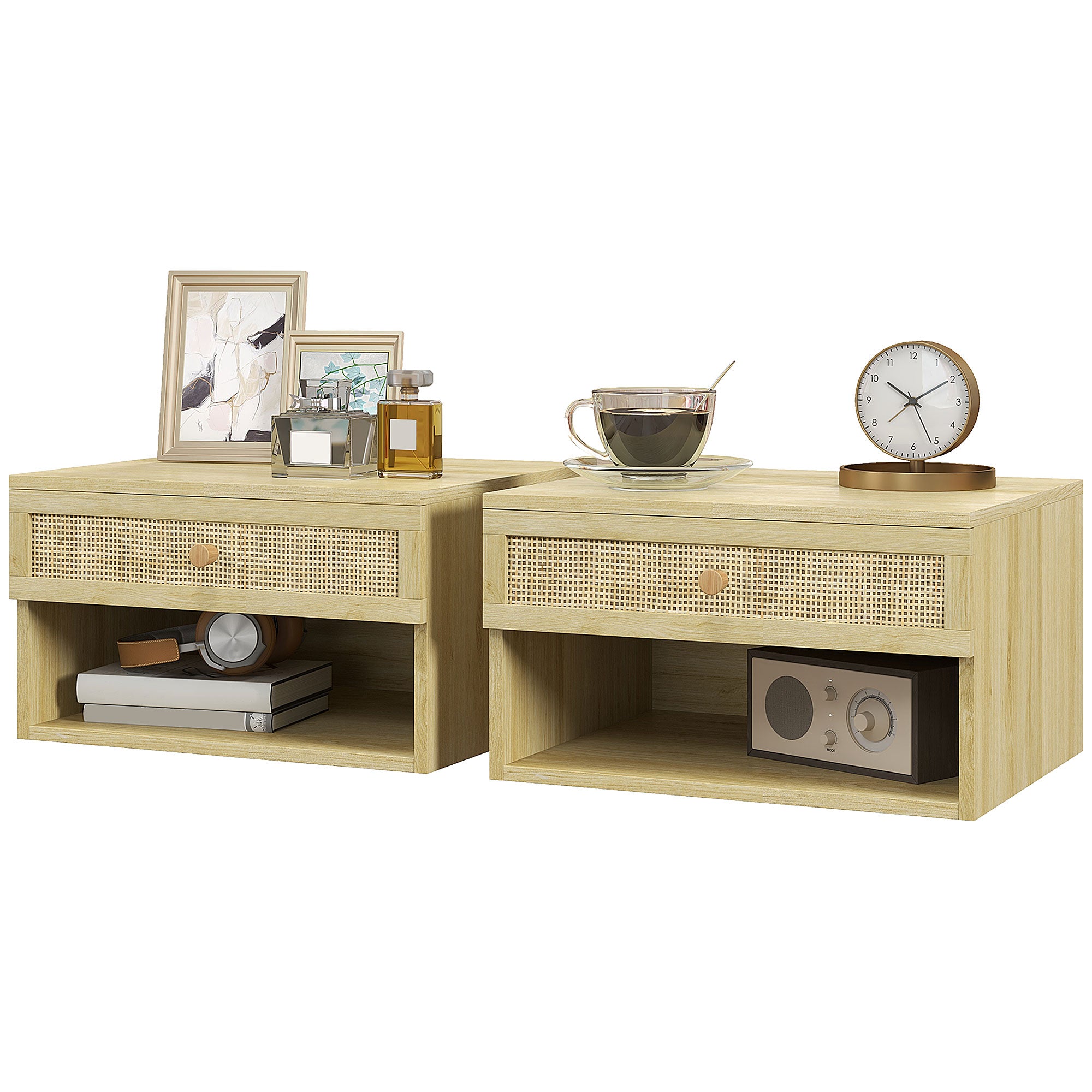 HOMCOM Floating Bedside Tables, Nordic Nightstands Set of 2 with Rattan Drawer and Open Shelf for Bedroom, Nature Wood Finish