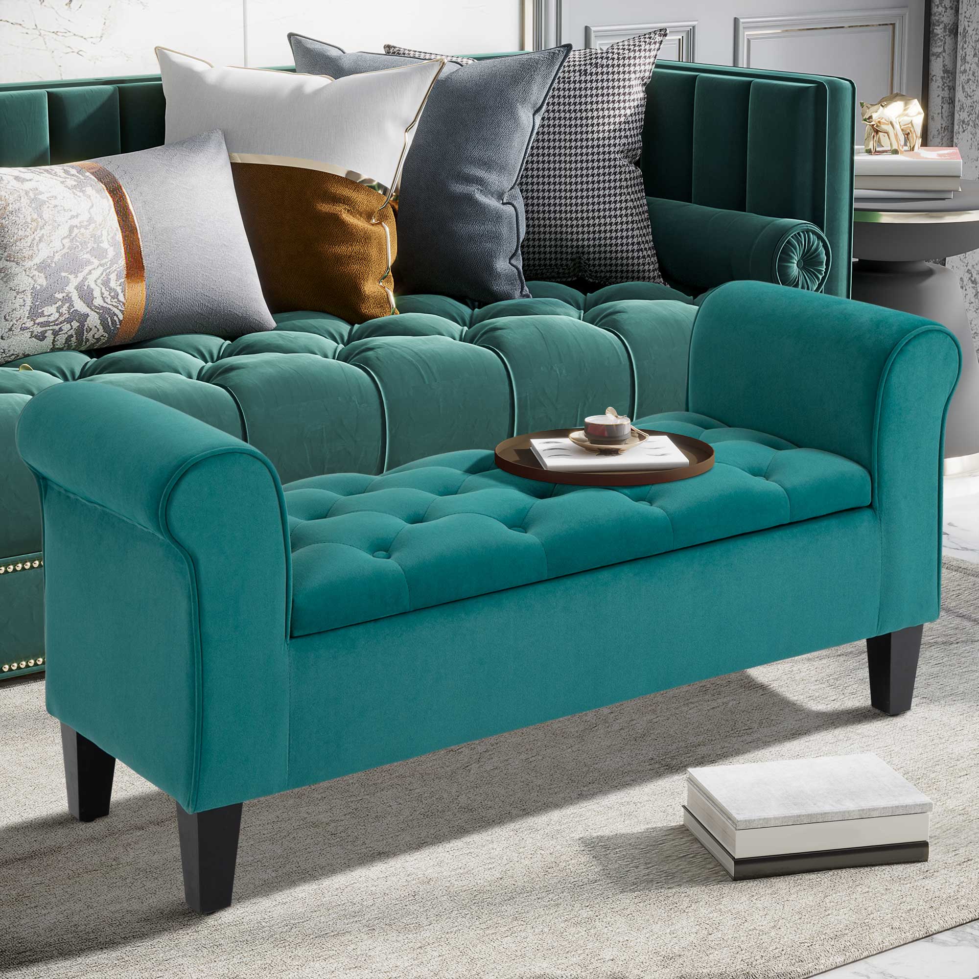 Button Tufted Storage Ottoman Bench Upholstered Bench with Rolled Armrests for Living Room Green