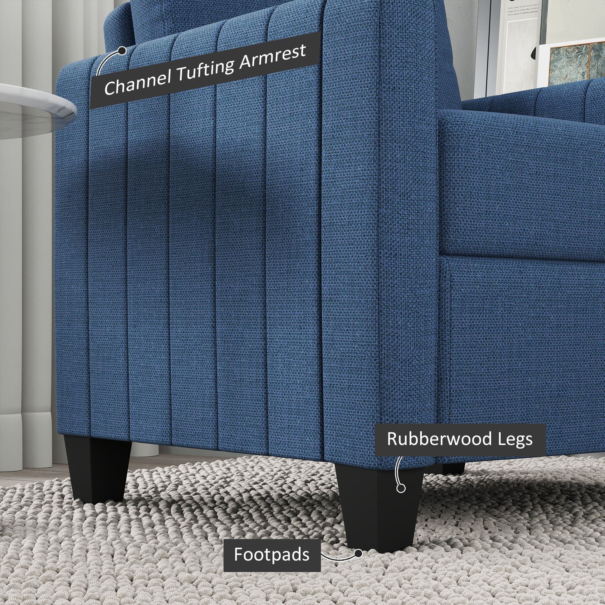 HOMCOM Armchair, Channel Tufted Modern Fabric Accent Chair, Comfy Upholstered Reading Lounge with Spring Cushion, Back Pillow, for Living Room, Bedroom, Office, Blue