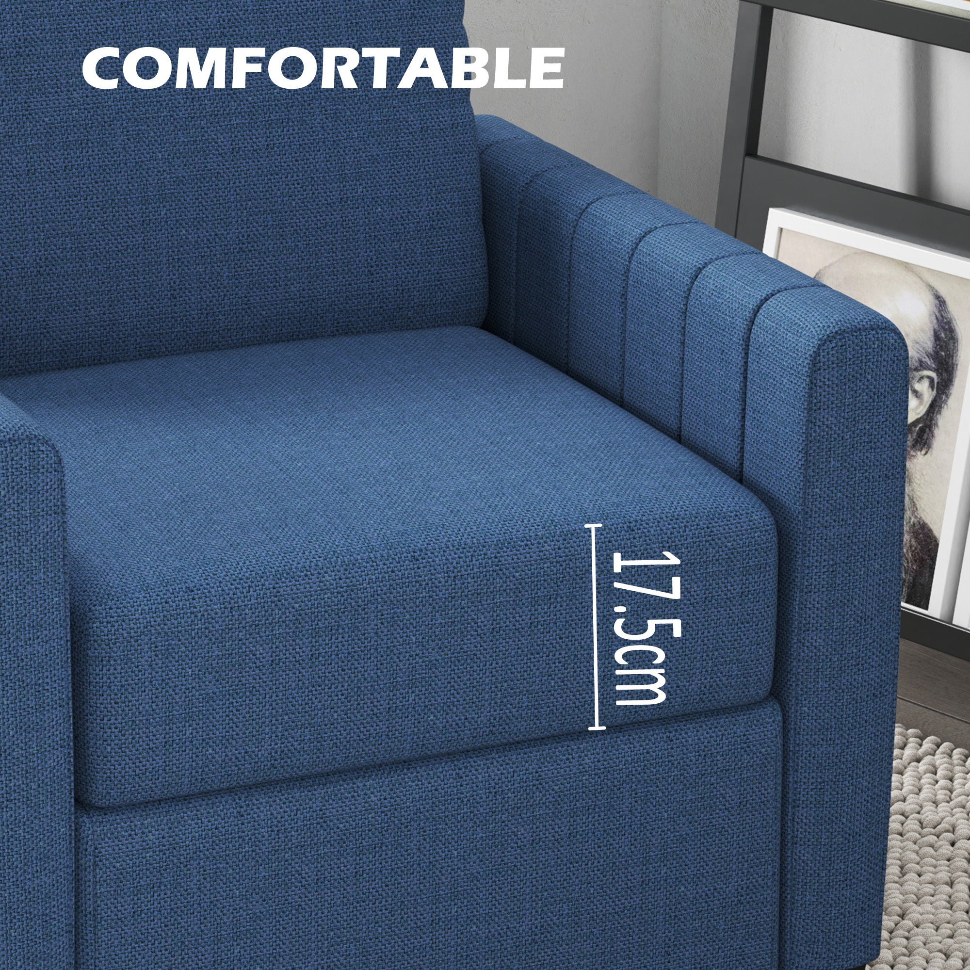 HOMCOM Armchair, Channel Tufted Modern Fabric Accent Chair, Comfy Upholstered Reading Lounge with Spring Cushion, Back Pillow, for Living Room, Bedroom, Office, Blue