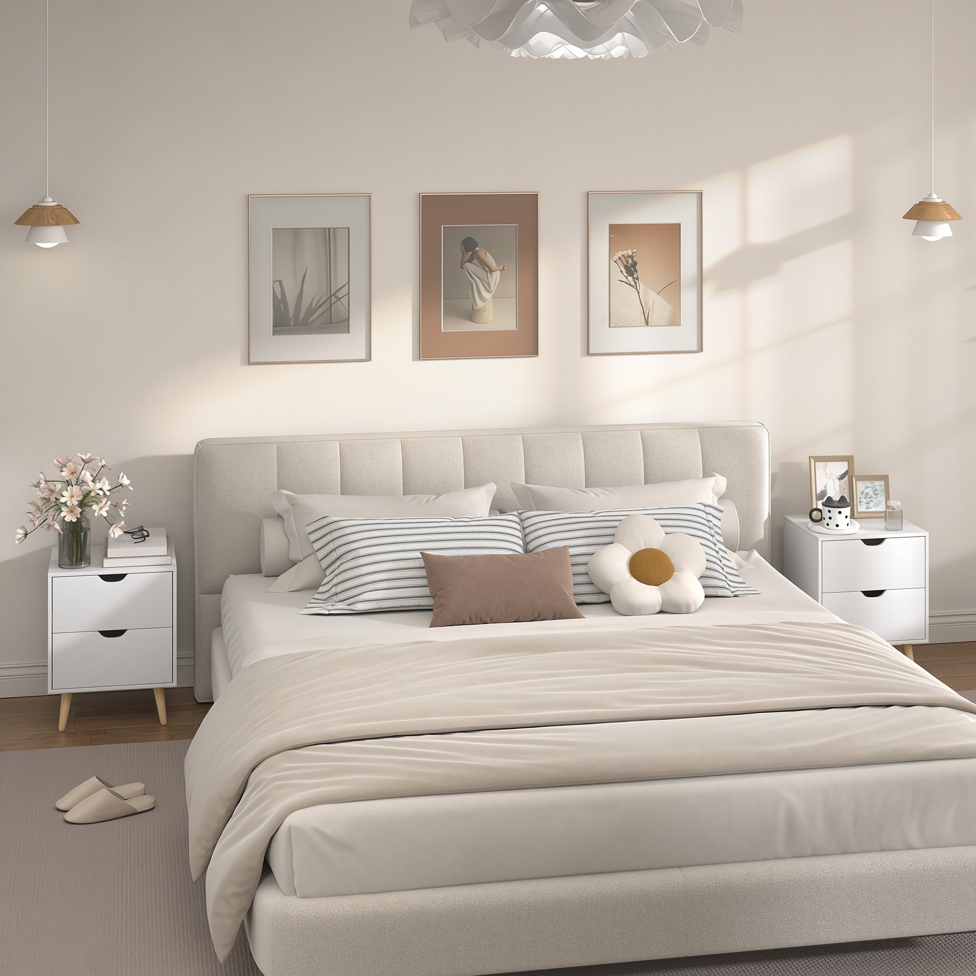 Modern Nightstand Set of 2, Bedside Table with 2 Drawers, End Table with Pine Wood Legs for Bedroom, White