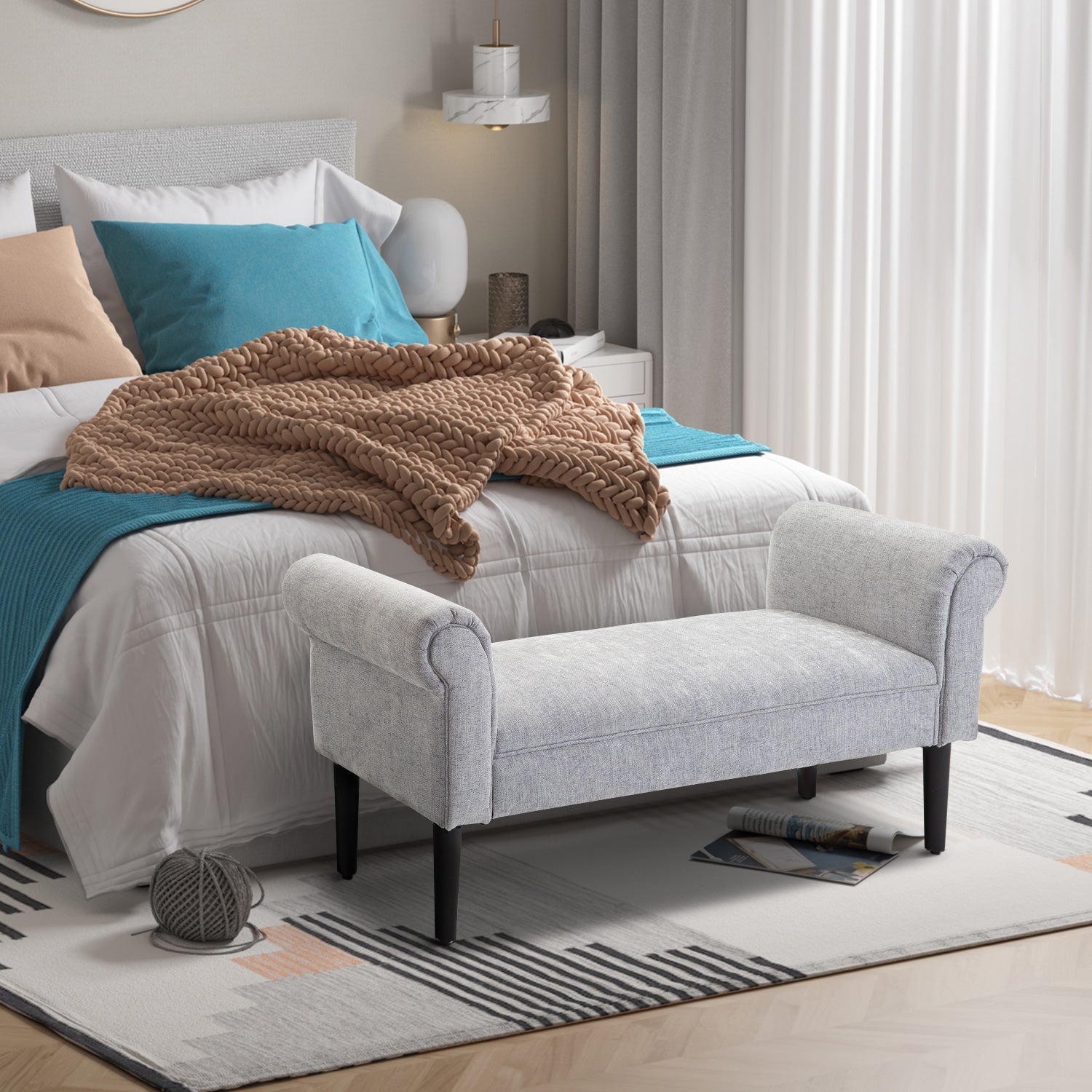 HOMCOM Bed End Side Chaise Lounge Sofa Window Seat Arm Bench Wooden Leg Linen Fabric Cover Light Grey