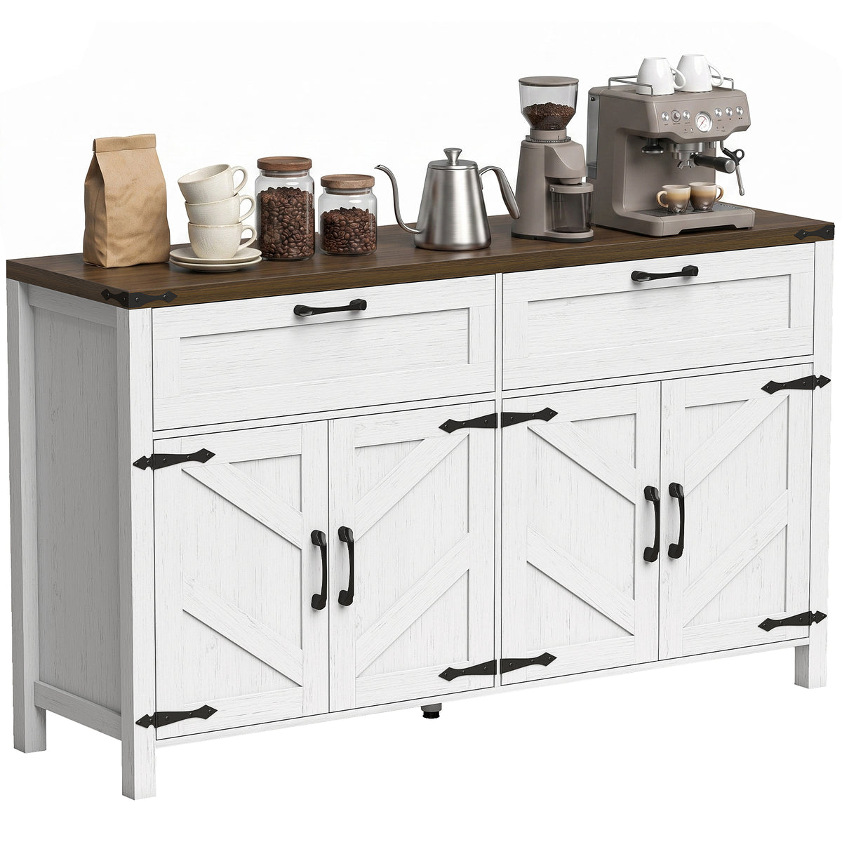 Sideboard Buffet Cabinet with Storage, 55" Large Farmhouse Kitchen Storage Cabinet with 2 Drawers and 4 Doors, Coffee Bar Station with Adjustable Shelves