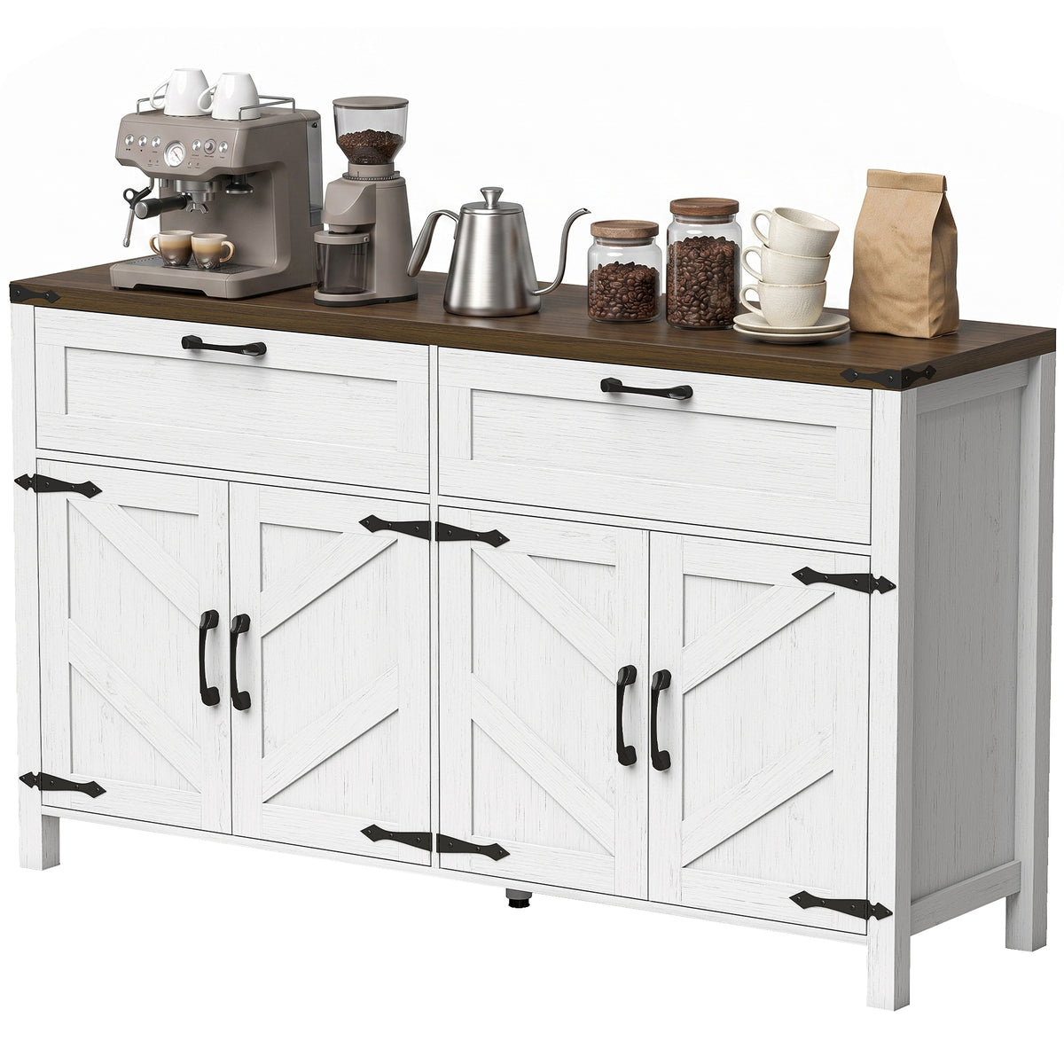 Sideboard Buffet Cabinet with Storage, 55" Large Farmhouse Kitchen Storage Cabinet with 2 Drawers and 4 Doors, Coffee Bar Station with Adjustable Shelves