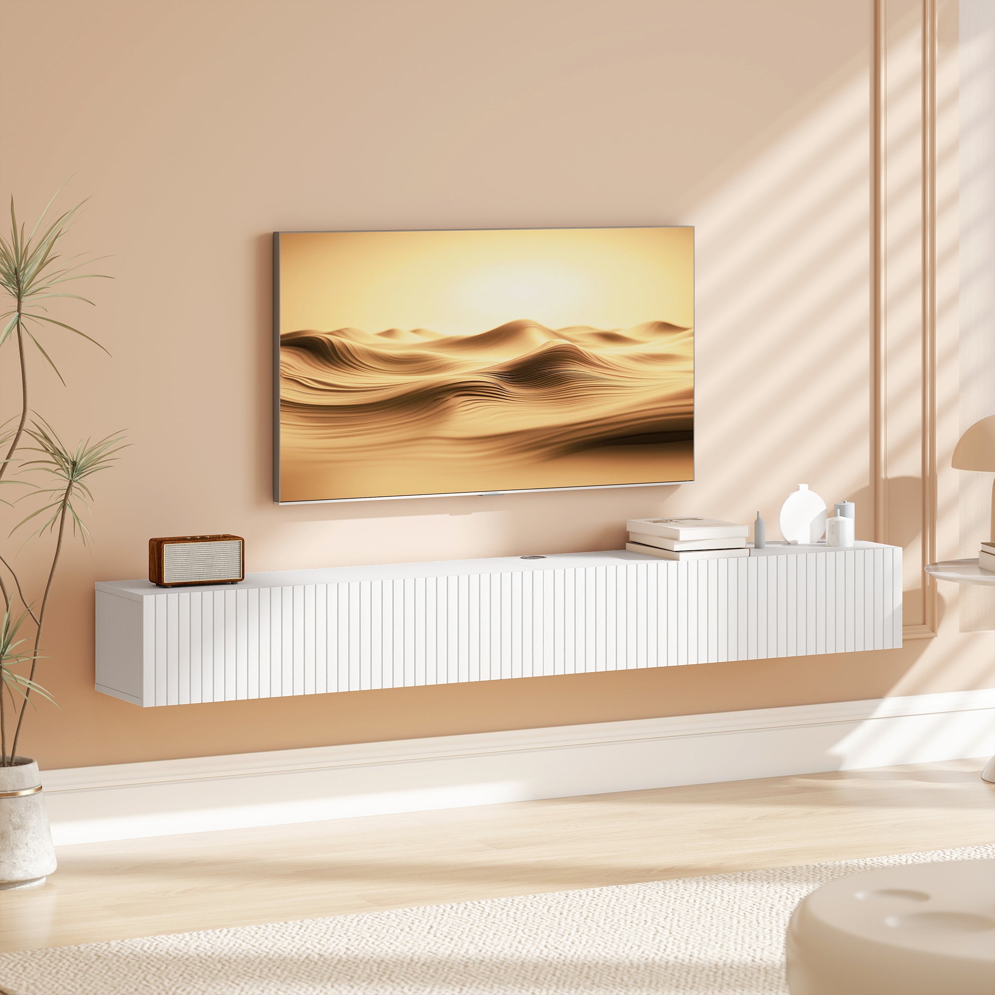Floating TV Unit for Television up to 72 Inch, 180cm Wall Mount TV Stand Cabinet with Fluted Flip-Down Doors, Cable Management Hole, Entertainment Media Console for Living Room, Bedroom, White