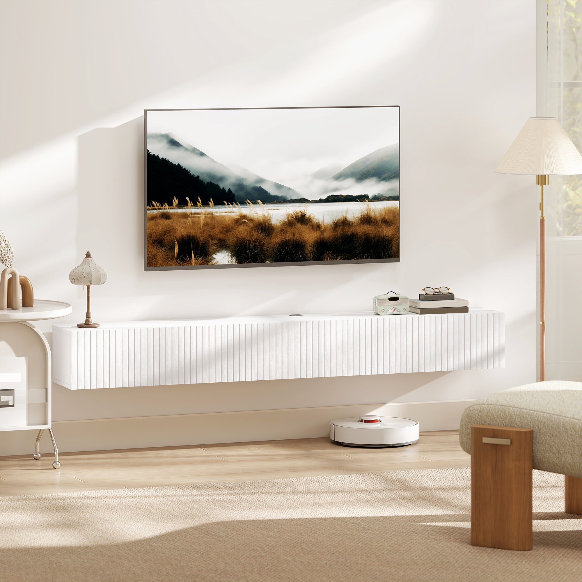 Floating TV Unit for Television up to 72 Inch, 180cm Wall Mount TV Stand Cabinet with Fluted Flip-Down Doors, Cable Management Hole, Entertainment Media Console for Living Room, Bedroom, White