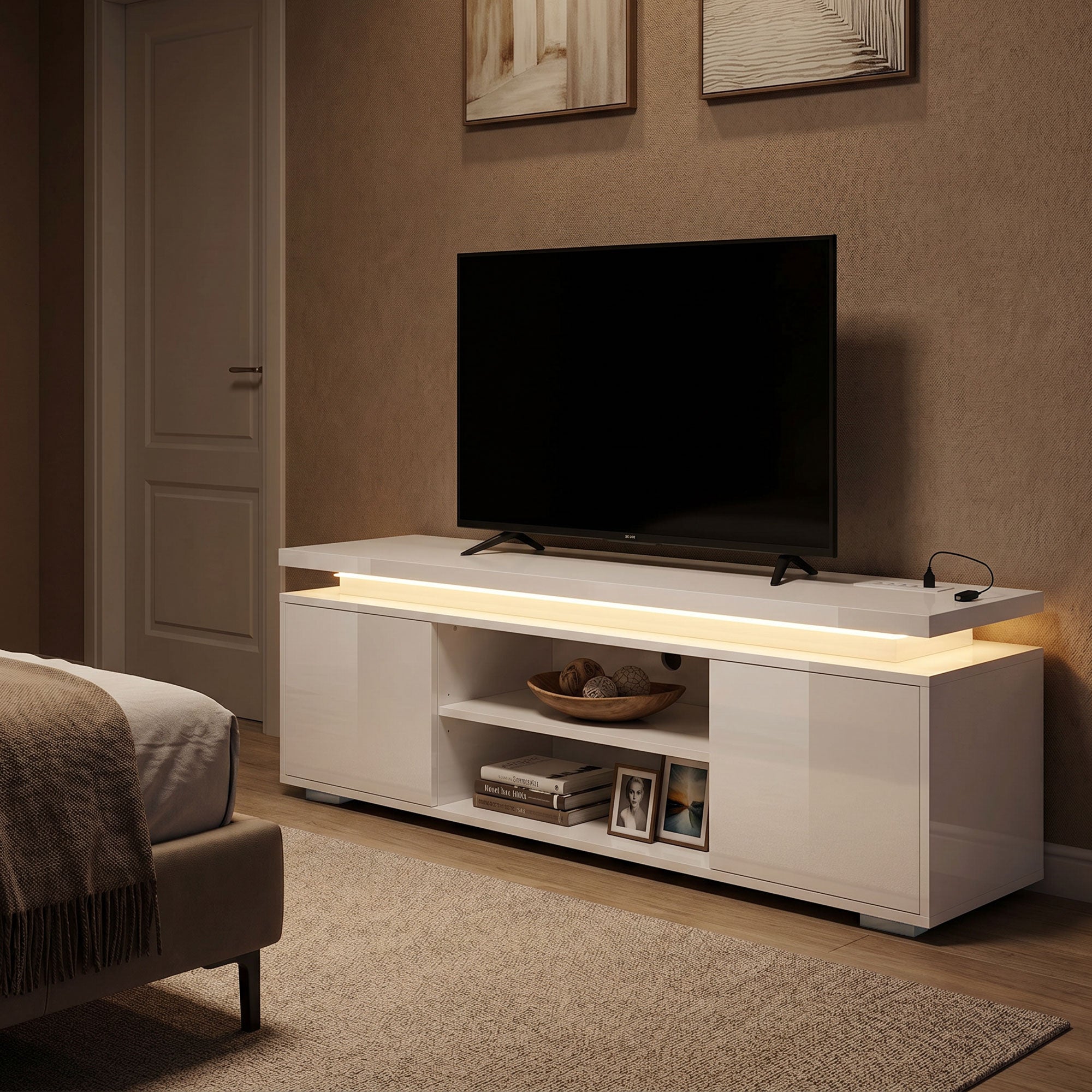 TV Stand for TVs up to 60 Inch, Modern Entertainment Center with LED Lights and Power Outlets, Media Console Table with 2 Cabinets & Adjustable Open Shelf, High Gloss White