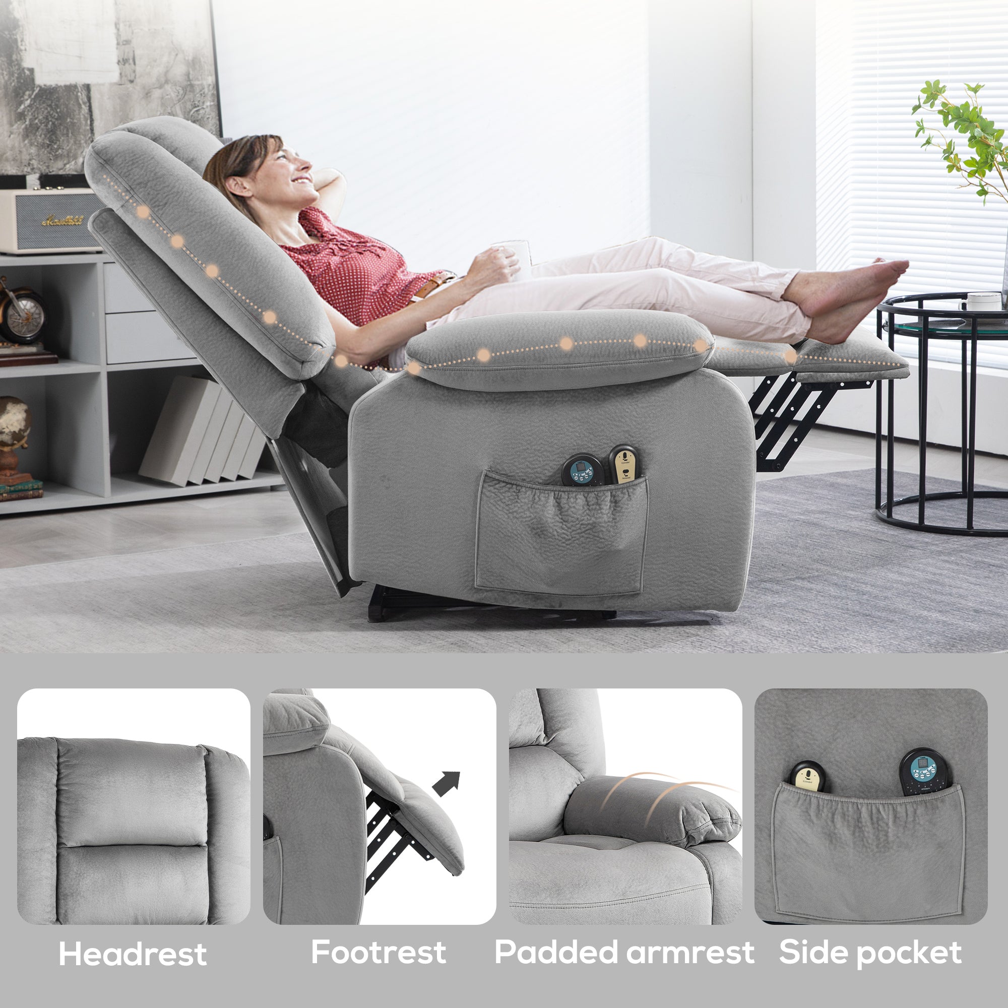 HOMCOM Power Lift Riser and Recliner Chair with Vibration Massage and Heat, Velvet Fabric Electric Recliner Armchair for Elderly with Remote Controllers, Side Pocket, Quick Assembly, Grey