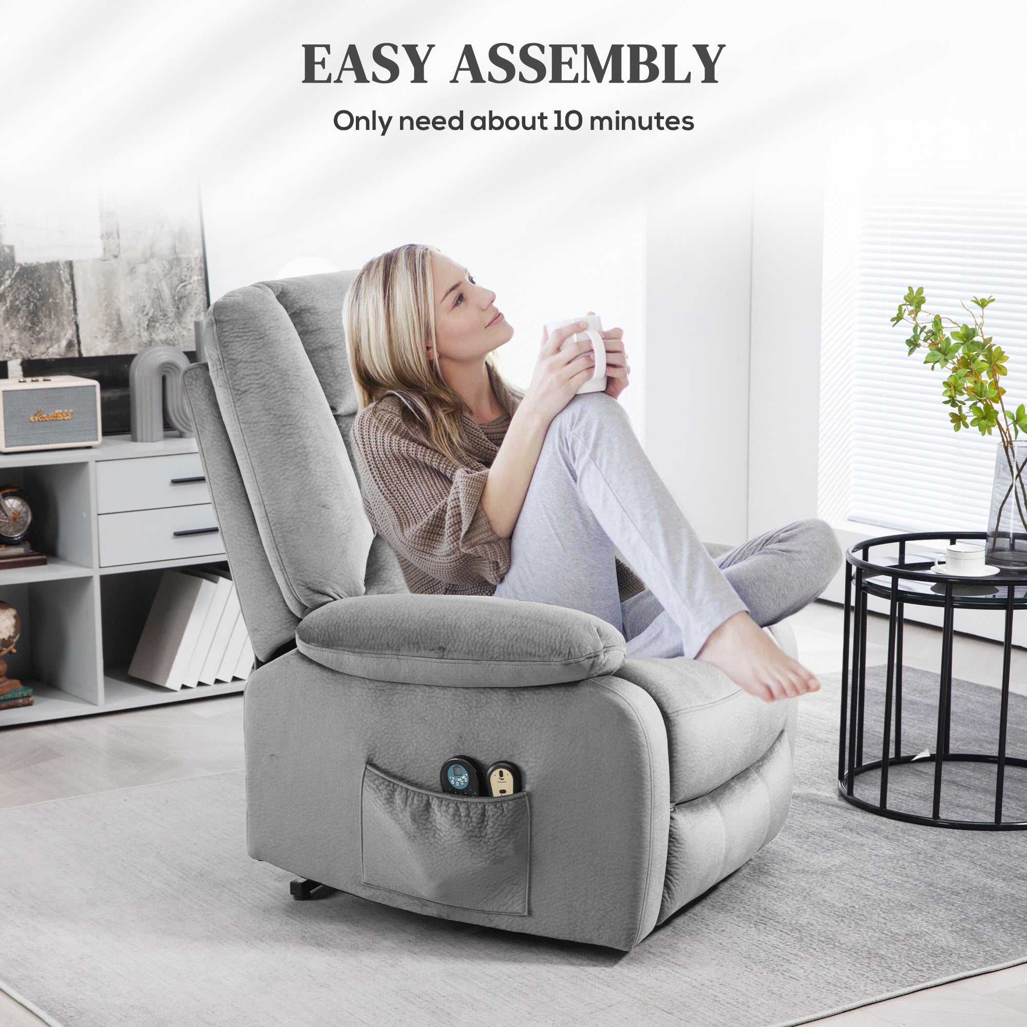 HOMCOM Power Lift Riser and Recliner Chair with Vibration Massage and Heat, Velvet Fabric Electric Recliner Armchair for Elderly with Remote Controllers, Side Pocket, Quick Assembly, Grey
