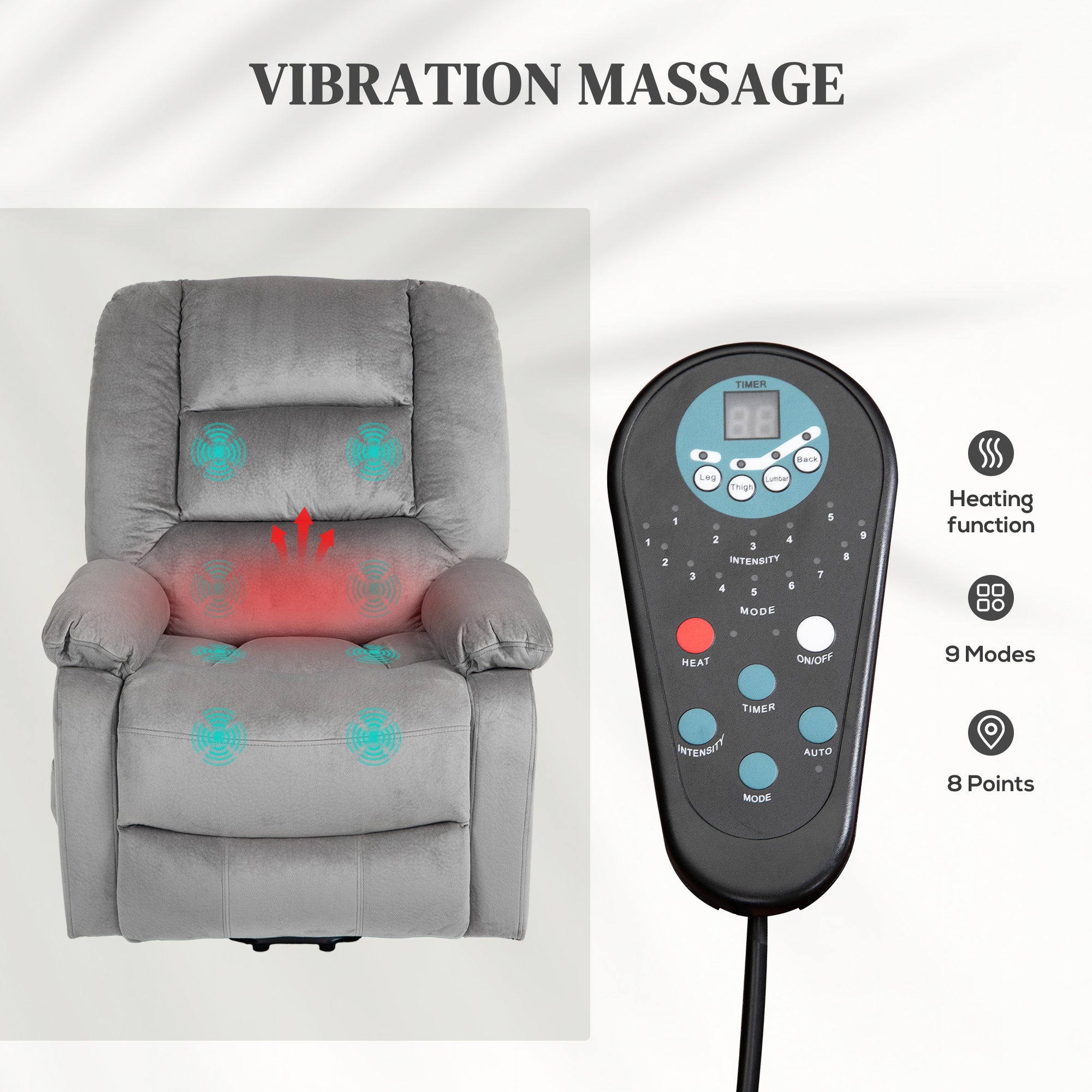 HOMCOM Power Lift Riser and Recliner Chair with Vibration Massage and Heat, Velvet Fabric Electric Recliner Armchair for Elderly with Remote Controllers, Side Pocket, Quick Assembly, Grey
