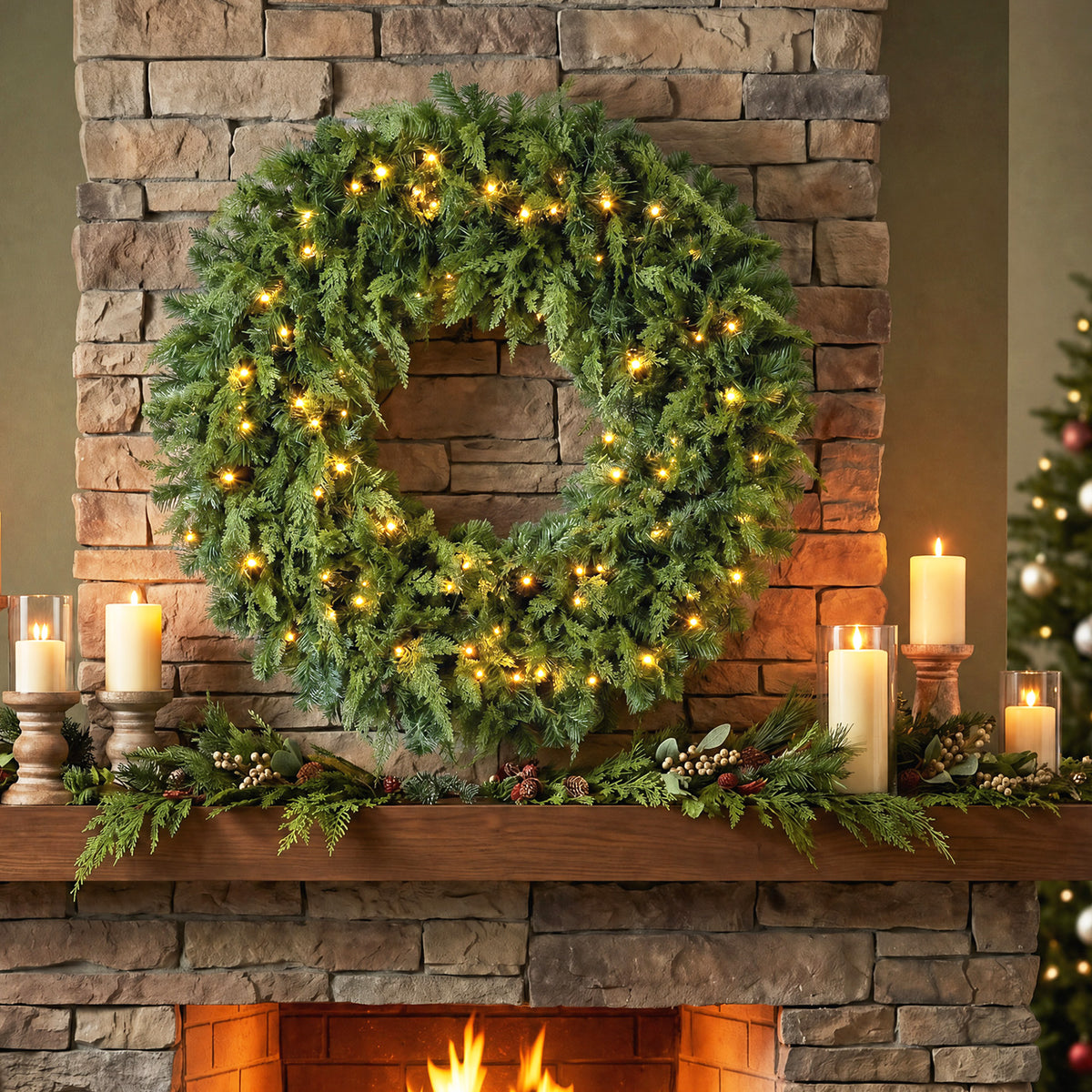 48 in Pre-Lit Cedar Artificial Christmas Wreath, Christmas Decoration with 150 Warm White LED Lights, 550 Tips, 8 Modes for Door, Mantel, Window, Indoor, Covered Outdoor, Green