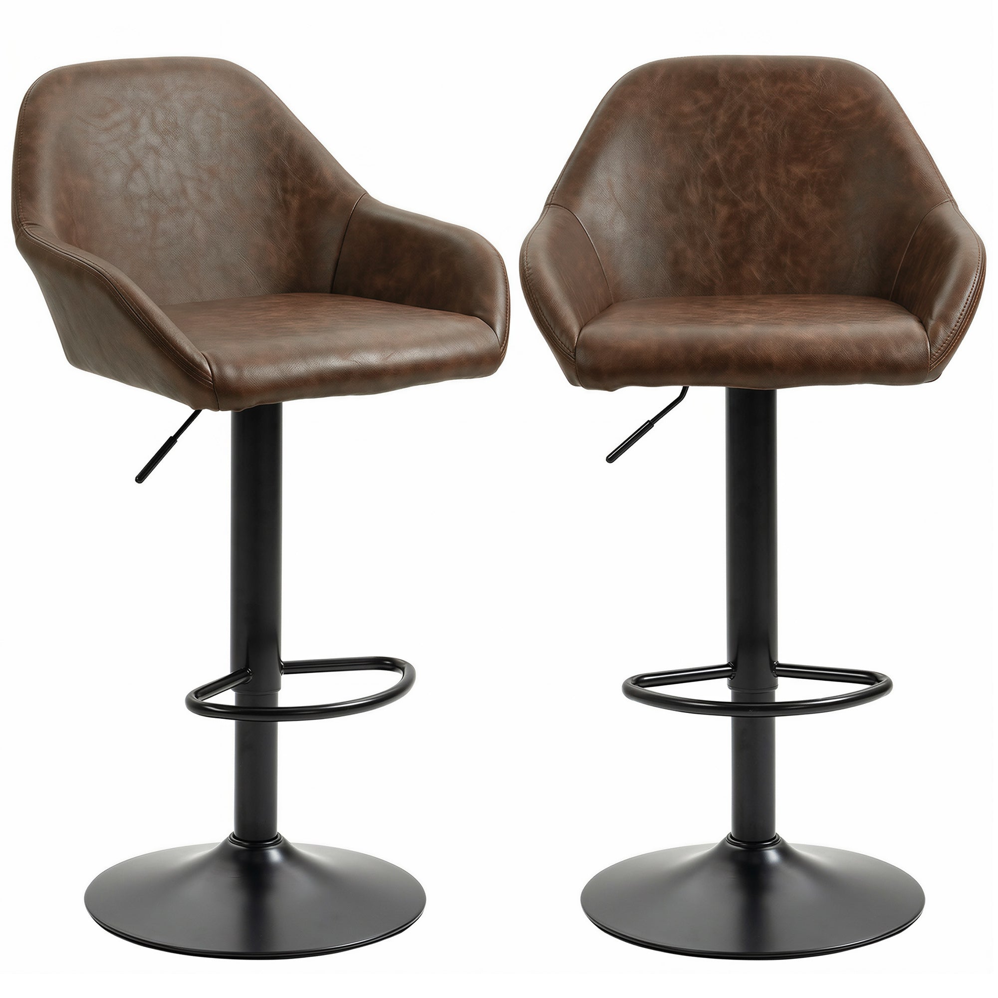 Adjustable Bar Stools Set of 2, Swivel Dining Chairs with Footrest and Back, Modern PU Leather and Steel Round Base, for Kitchen Counter and Dining Room, Coffee