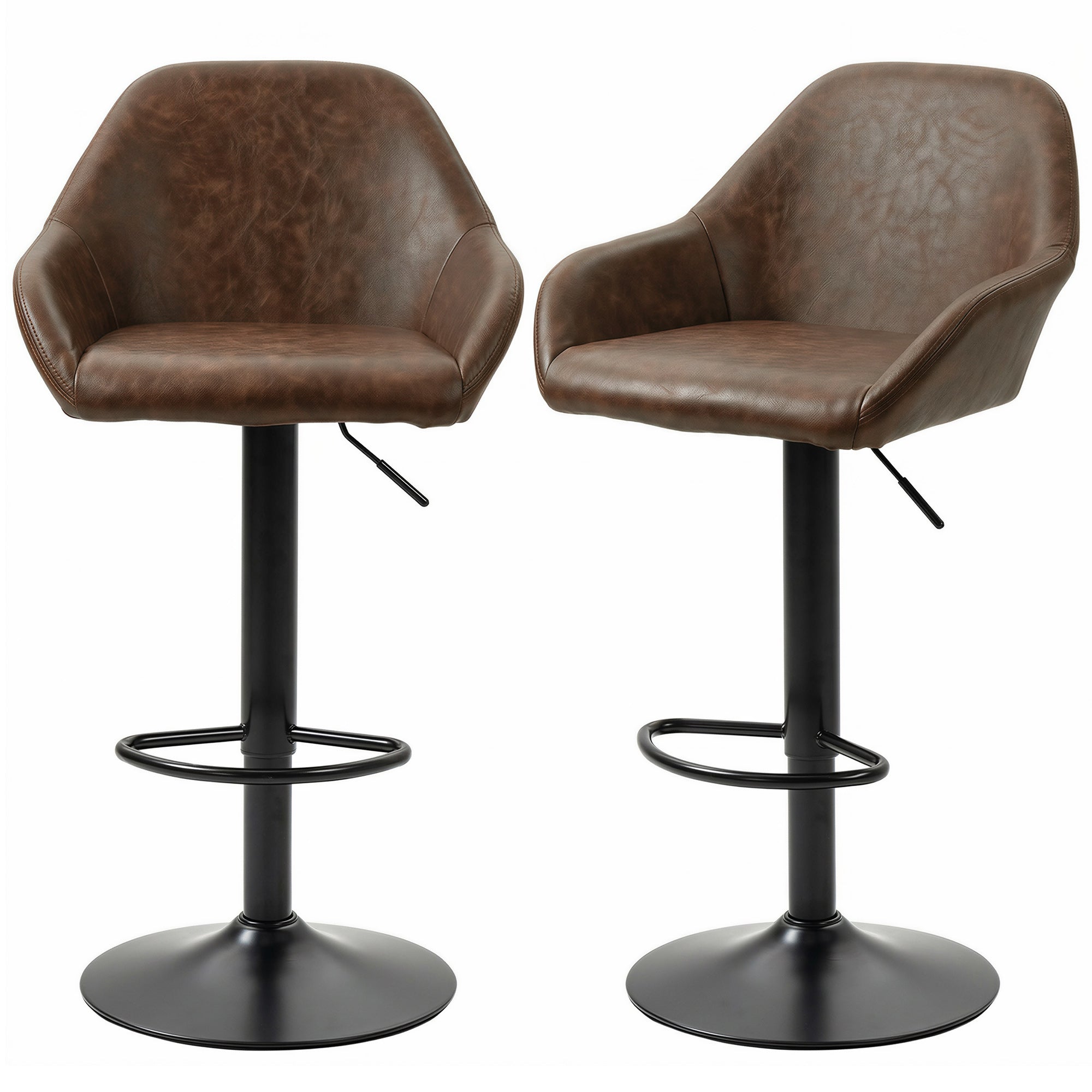 Adjustable Bar Stools Set of 2, Swivel Dining Chairs with Footrest and Back, Modern PU Leather and Steel Round Base, for Kitchen Counter and Dining Room, Coffee
